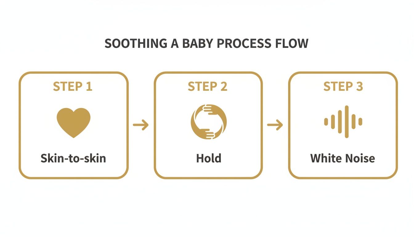 A three-step process flow for soothing a baby, including skin-to-skin, hold, and white noise.