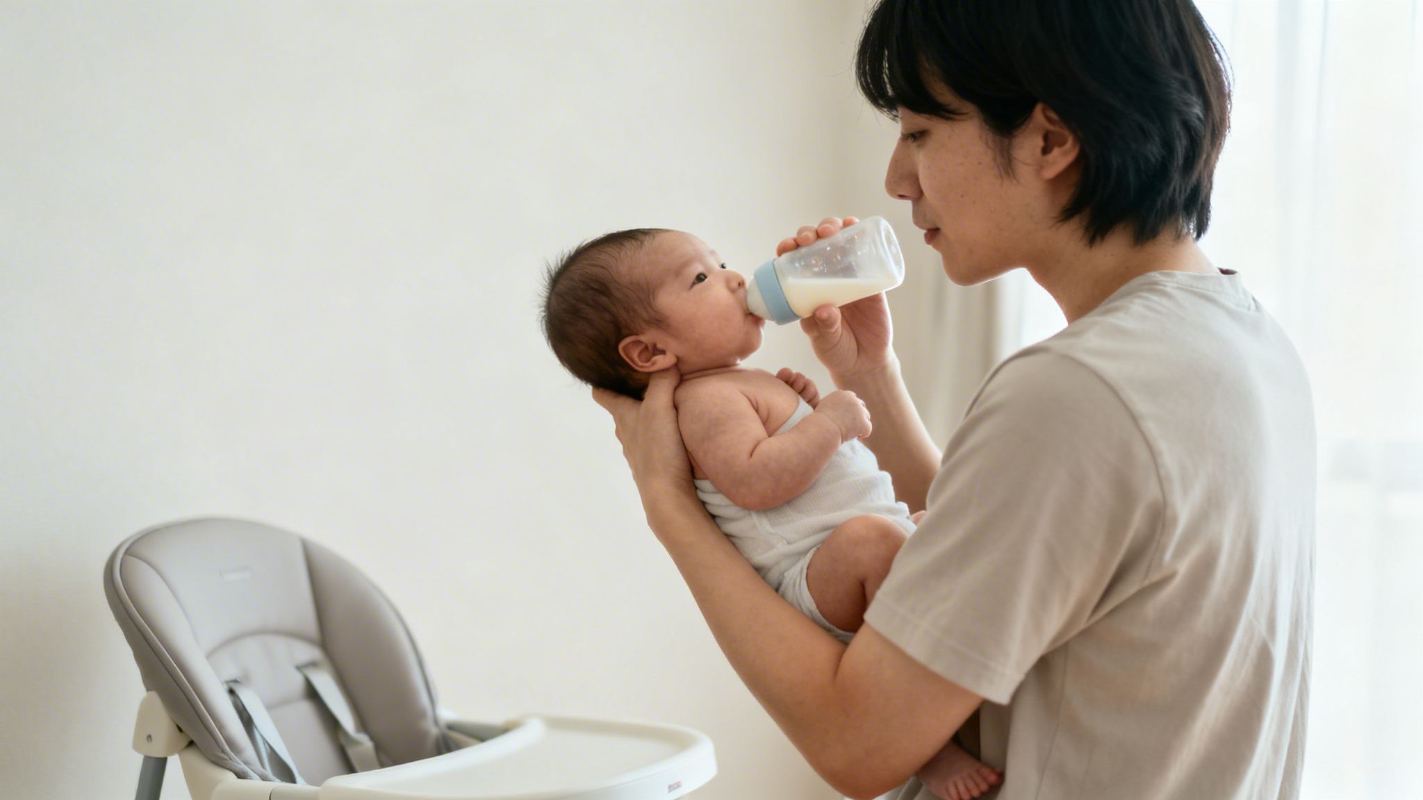 A parent lovingly bottle-feeding their newborn baby, showing care and connection indoors.