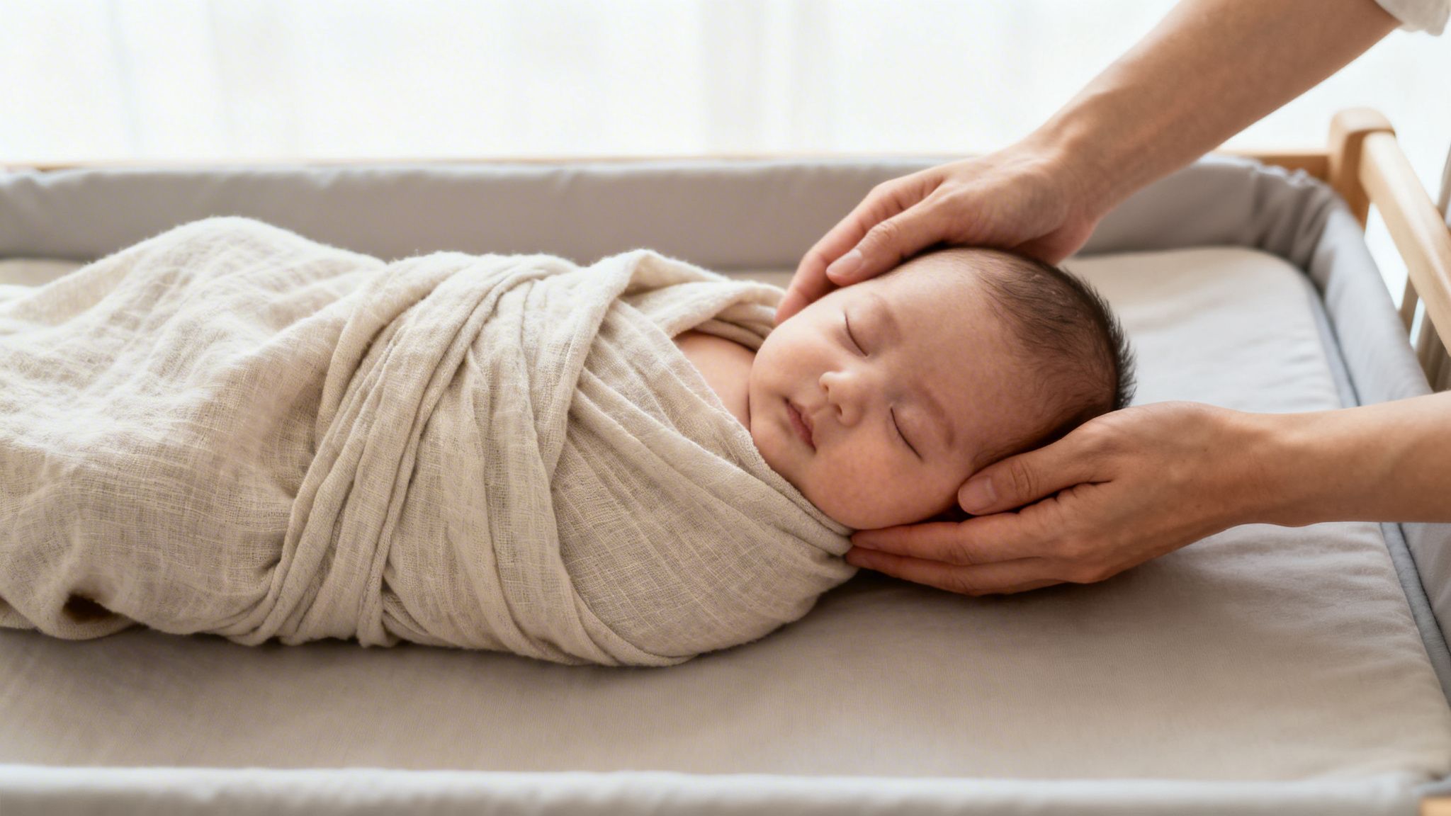 A parent's hands gently comfort a peacefully sleeping newborn baby wrapped in a soft swaddle.