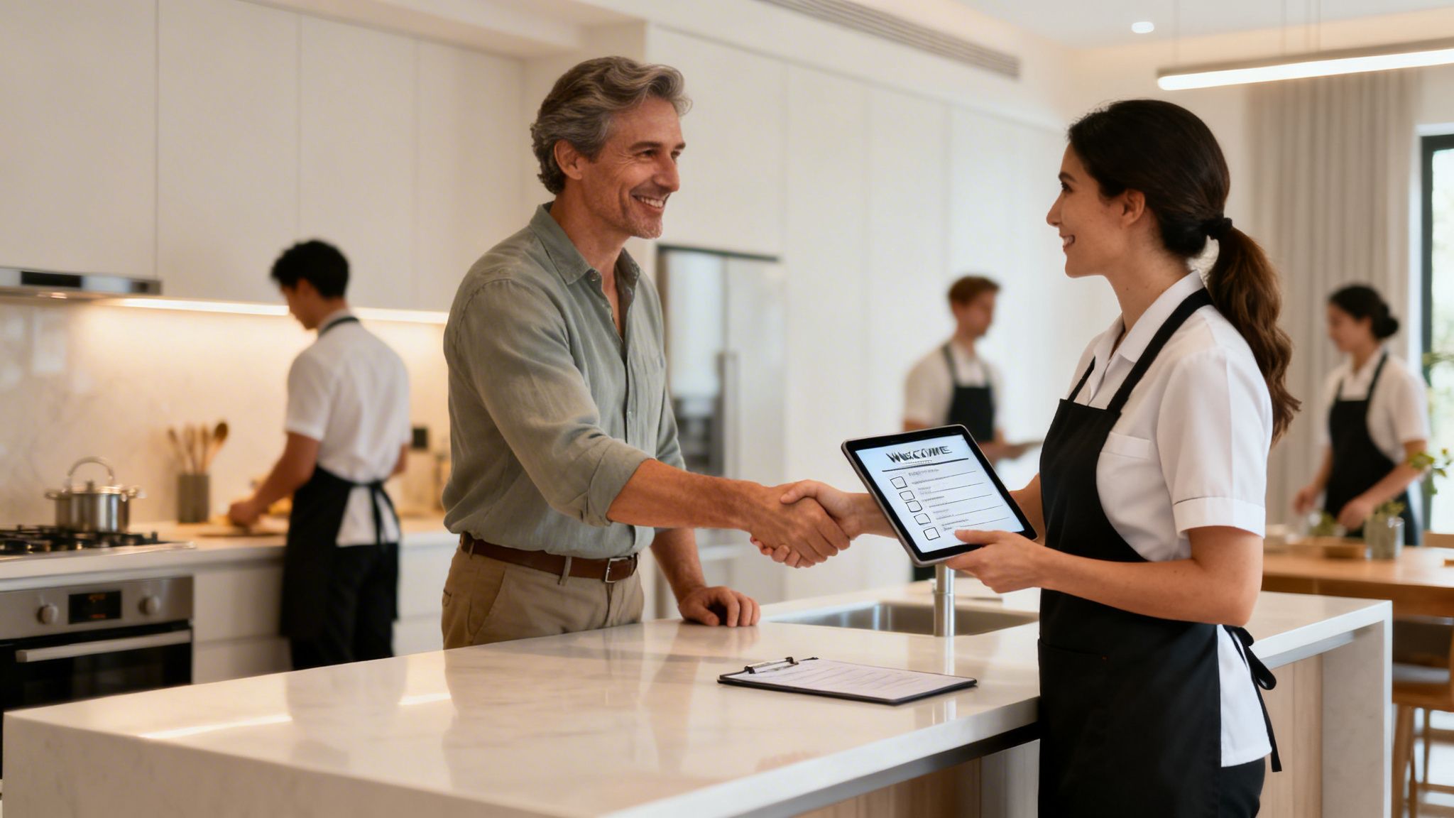 Live In Housekeepers: The Ultimate Guide to Hiring for Your Home | Superstar Nannies A smiling man shakes hands with a female housekeeper holding a tablet in a modern kitchen.