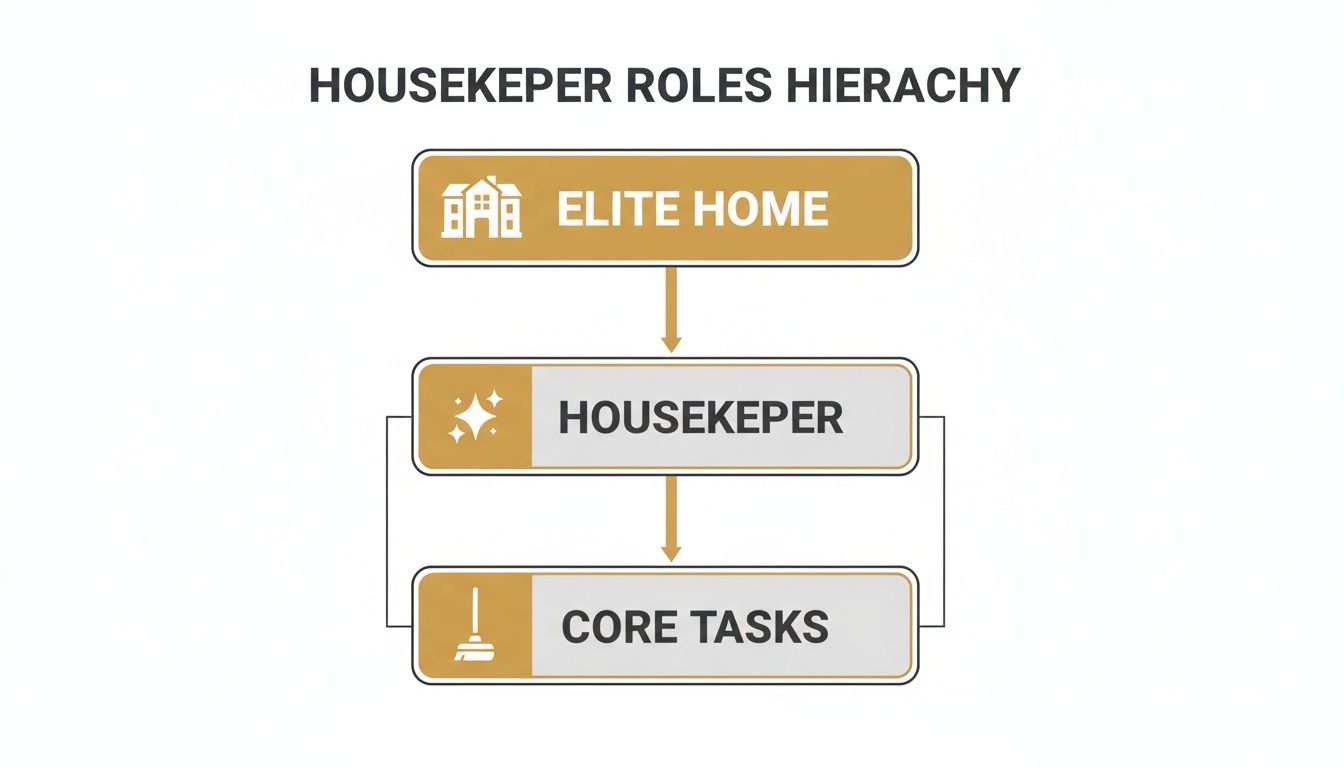 Live In Housekeepers: The Ultimate Guide to Hiring for Your Home | Superstar Nannies A diagram illustrating the housekeeper roles hierarchy, starting from elite home down to core tasks.