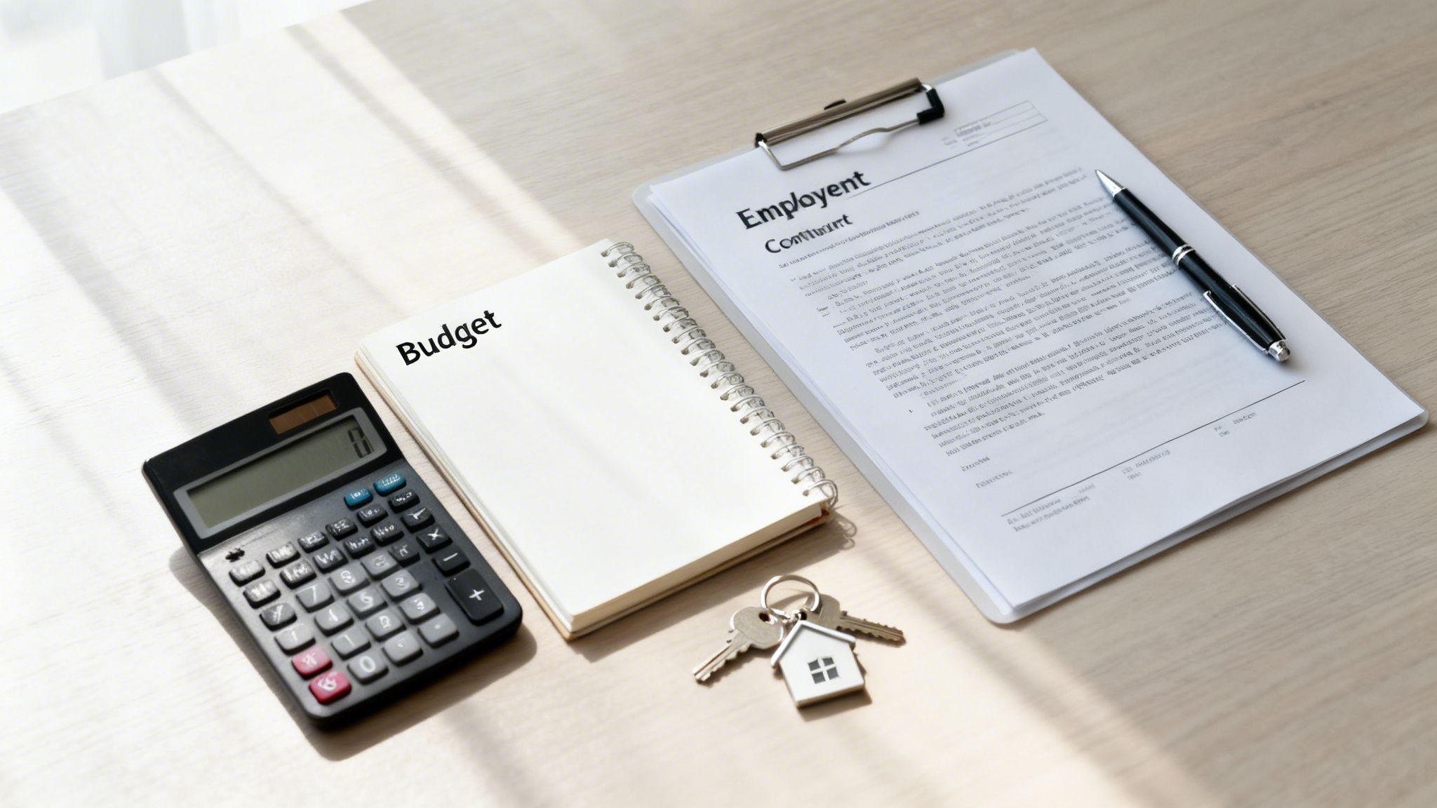 Your Complete Guide to Hiring Live In Nannies in 2026 | Superstar Nannies A flat lay of a desk with a calculator, budget notebook, house keys, and an employment contract.