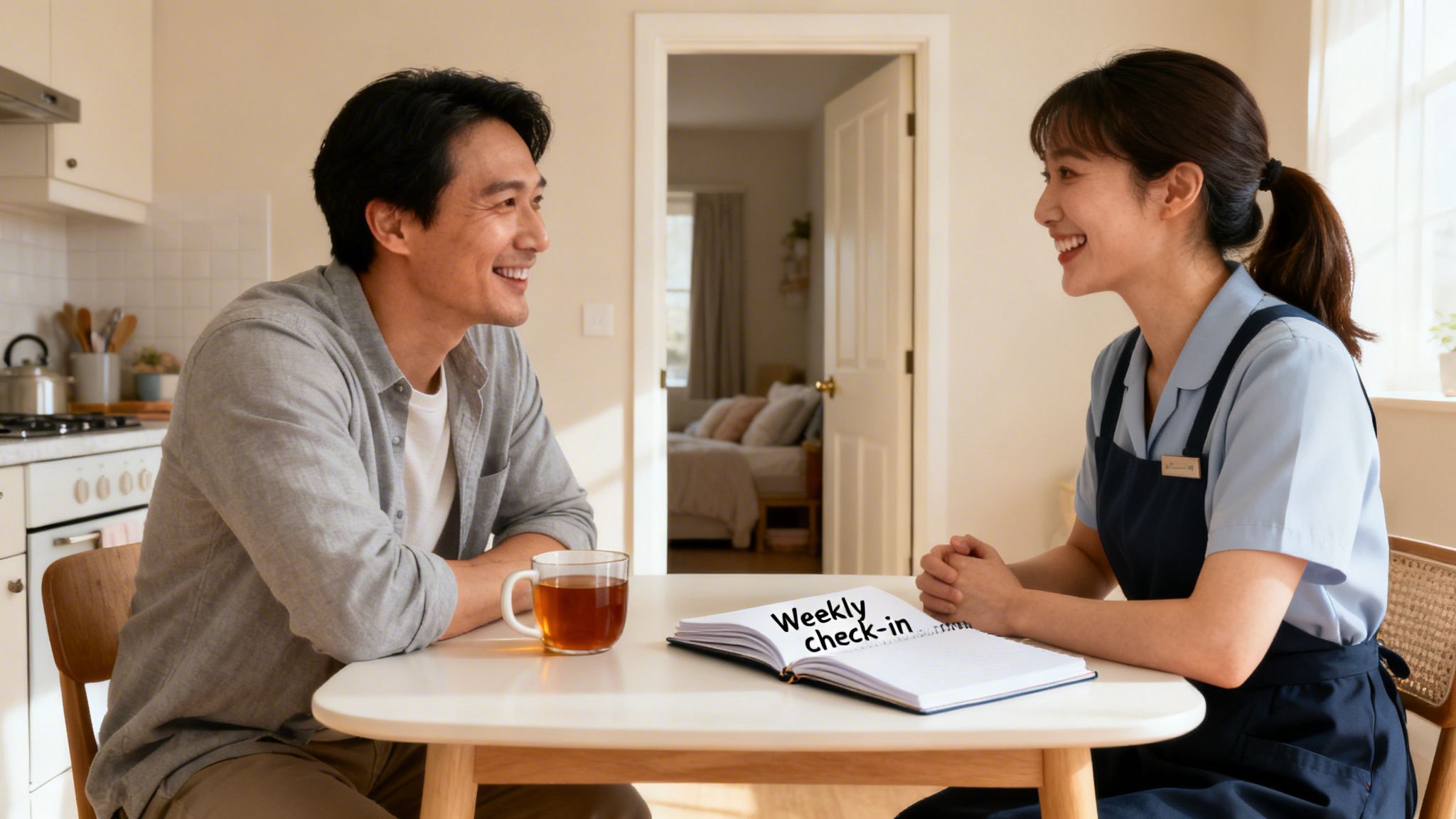 Your Complete Guide to Hiring Live In Nannies in 2026 | Superstar Nannies A man and a woman smile during a weekly check-in conversation at a home kitchen table.