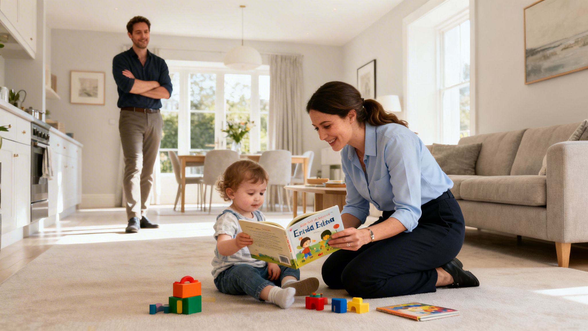 Your Guide to Securing Elite Nanny Jobs in London for 2026 | Superstar Nannies A smiling nanny reads a storybook to a happy toddler on the carpet while a man watches.