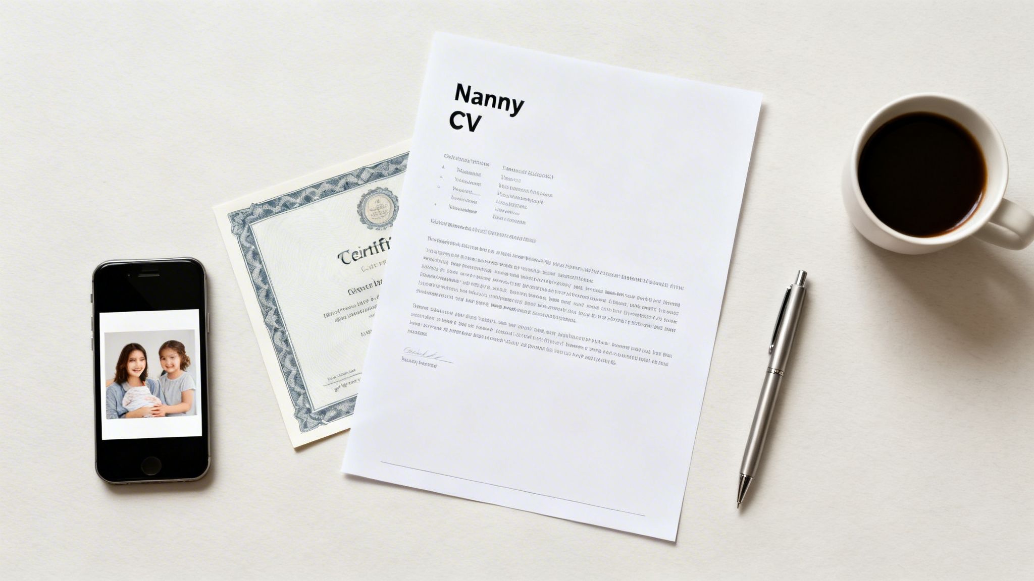 Your Guide to Securing Elite Nanny Jobs in London for 2026 | Superstar Nannies Flat lay showing a Nanny CV, certificate, smartphone with a family photo, coffee, and pen.