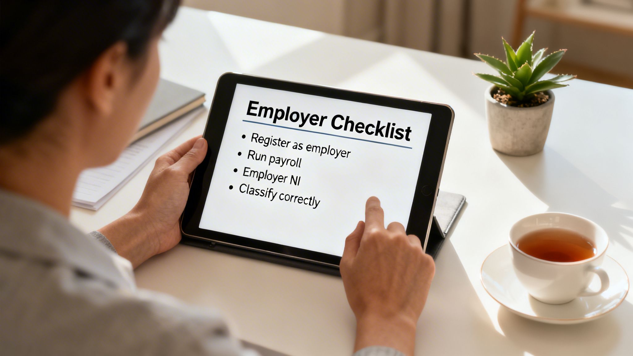 Net Pay Take Home: Your 2026 Guide to What You Really Earn | Superstar Nannies A person reviewing an employer checklist on a tablet, with items like payroll and classification.