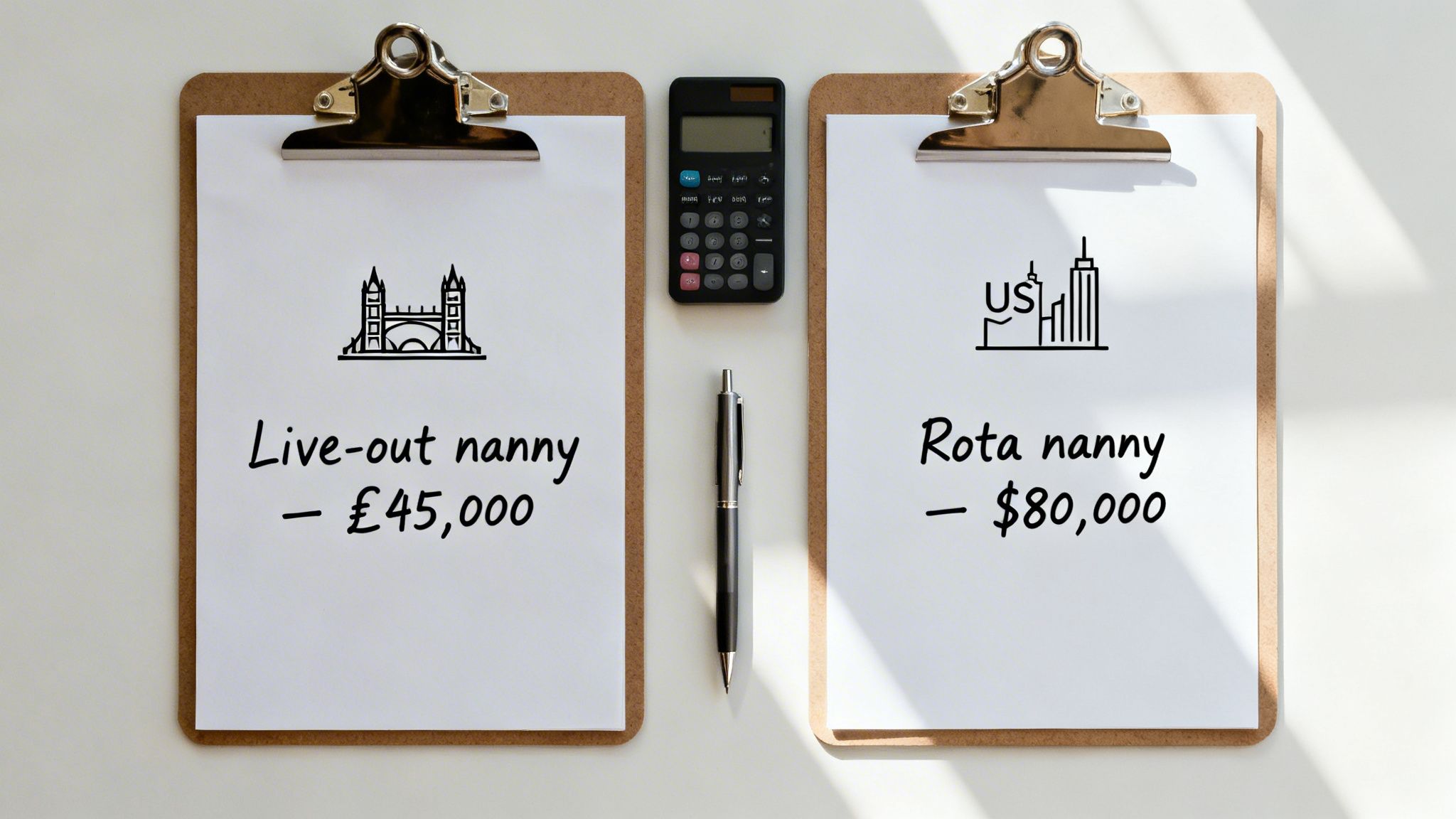 Net Pay Take Home: Your 2026 Guide to What You Really Earn | Superstar Nannies Two clipboards compare live-out nanny costs in London (£45,000) vs. rota nanny costs in the US ($80,000).