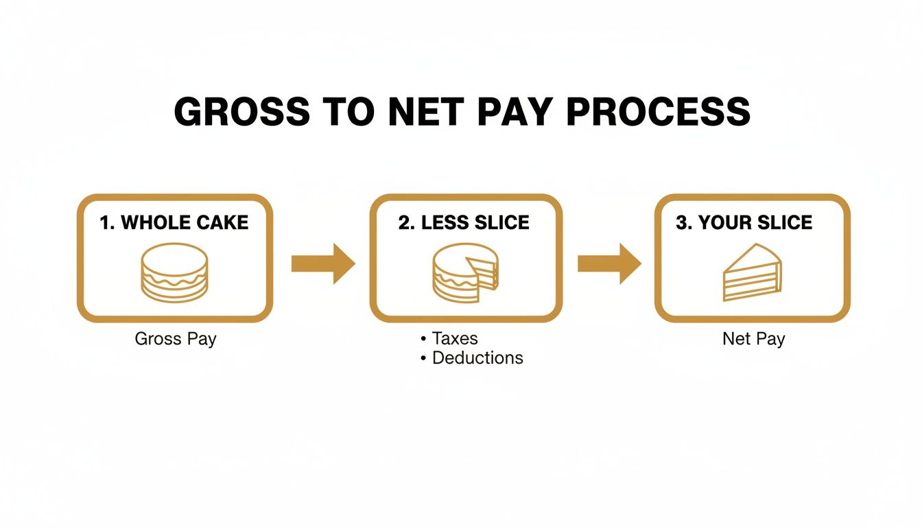 Net Pay Take Home: Your 2026 Guide to What You Really Earn | Superstar Nannies A visual diagram illustrates the gross to net pay process using a cake analogy.