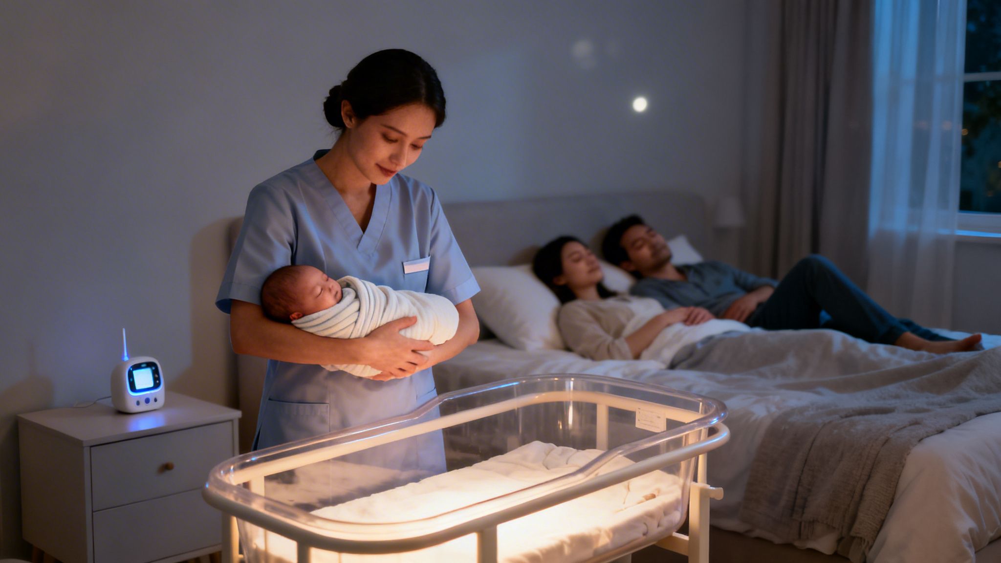 Night Nurse Near Me: A Guide to Finding Elite Overnight Care | Superstar Nannies A night nurse gently holds a sleeping baby next to a bassinet, while parents sleep peacefully in the background.