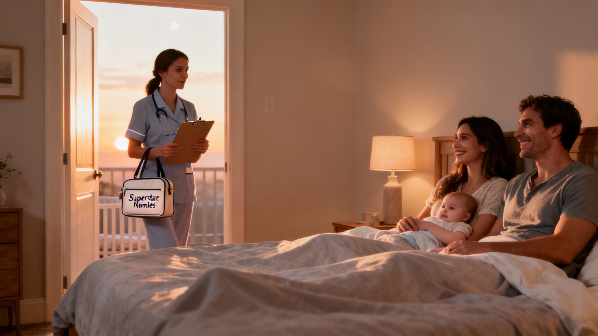 Night Nurse Near Me: A Guide to Finding Elite Overnight Care | Superstar Nannies A "Superstar Nannies" caregiver arrives at a home, greeted by a happy family with their newborn baby.