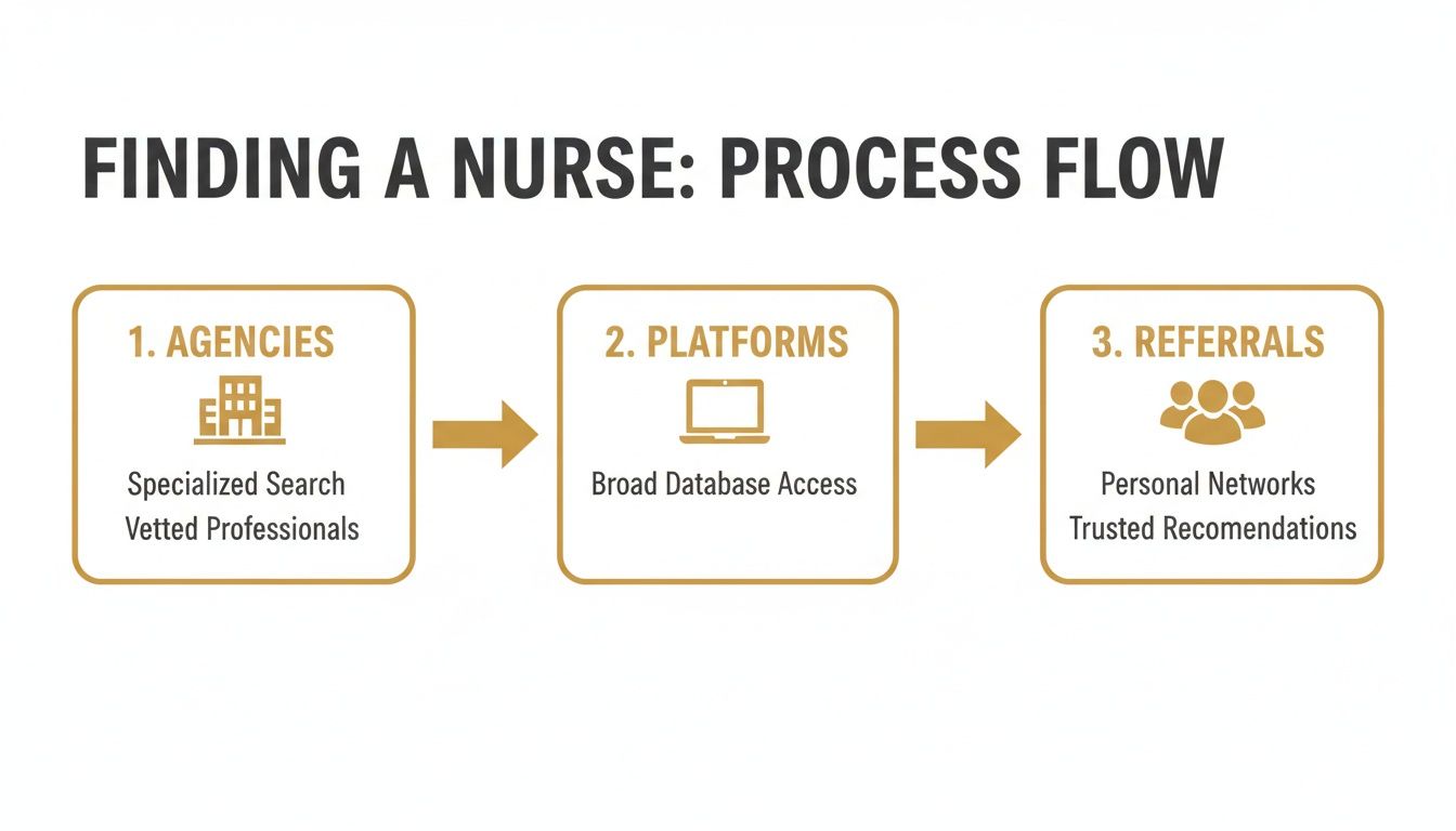 Night Nurse Near Me: A Guide to Finding Elite Overnight Care | Superstar Nannies Process flow for finding a nurse, detailing options like agencies, platforms, and referrals for hiring.