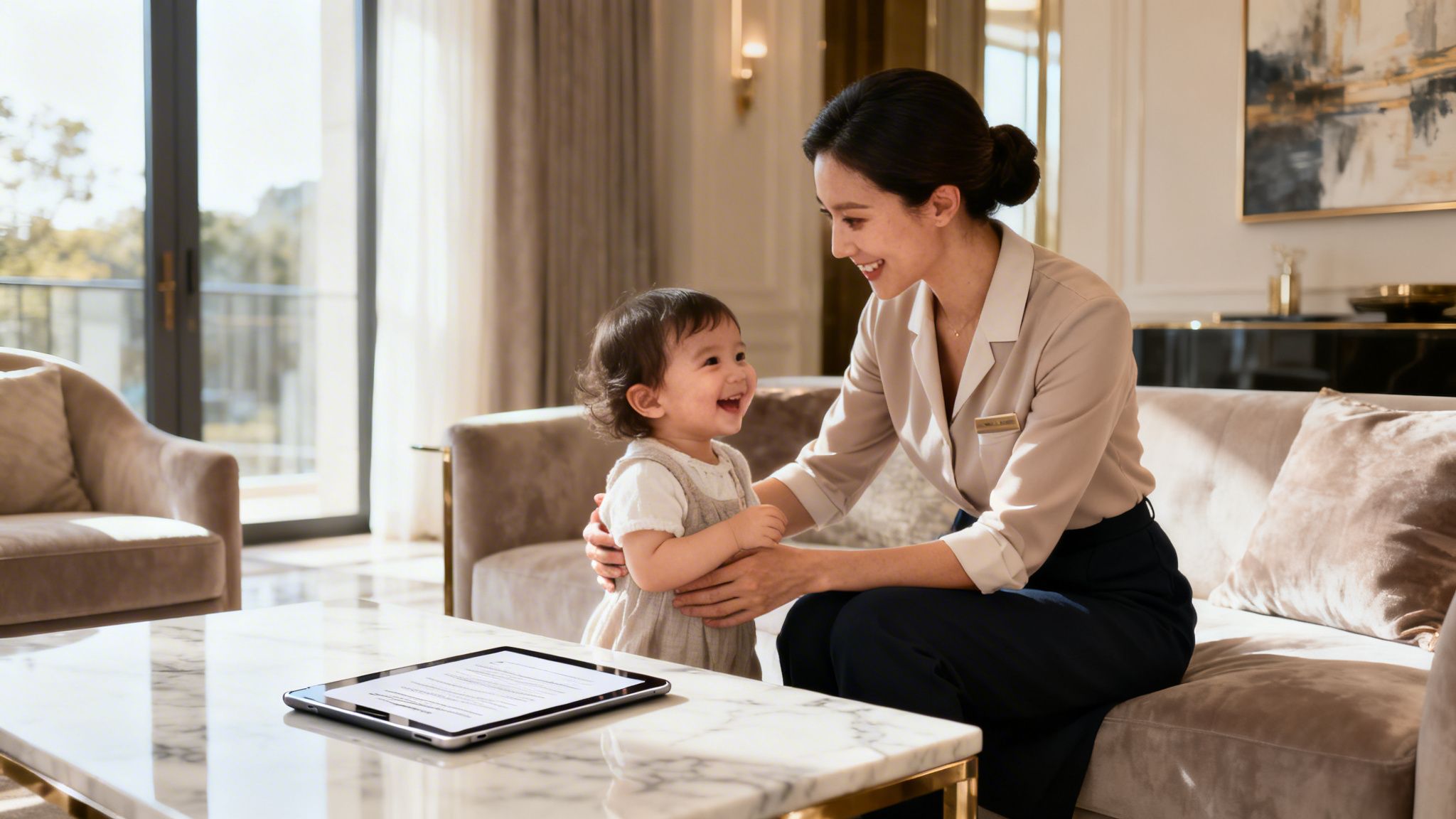 Part Time Nanny Jobs: Your Ultimate Guide to Securing a Premier Role | Superstar Nannies A smiling woman on her knees holding a tablet, interacting with a happy baby on the floor in a bright living room.