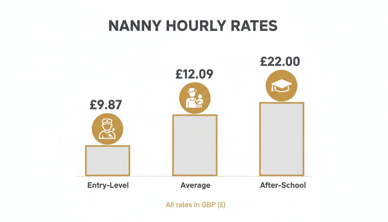 Part Time Nanny Jobs: Your Ultimate Guide to Securing a Premier Role | Superstar Nannies Bar chart displaying nanny hourly rates: Entry-Level £9.87, Average £12.09, and After-School £22.00.