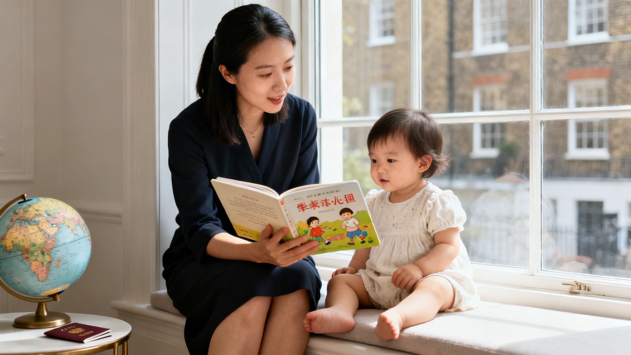Part Time Nanny Jobs: Your Ultimate Guide to Securing a Premier Role | Superstar Nannies A smiling woman reads a picture book to a curious baby, sitting by a bright window with a globe nearby.