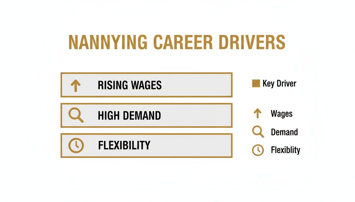 Part Time Nannying Jobs: Your Guide to a Flexible & Rewarding Career in 2026 | Superstar Nannies An infographic titled 'Nannying Career Drivers' highlights rising wages, high demand, and flexibility.