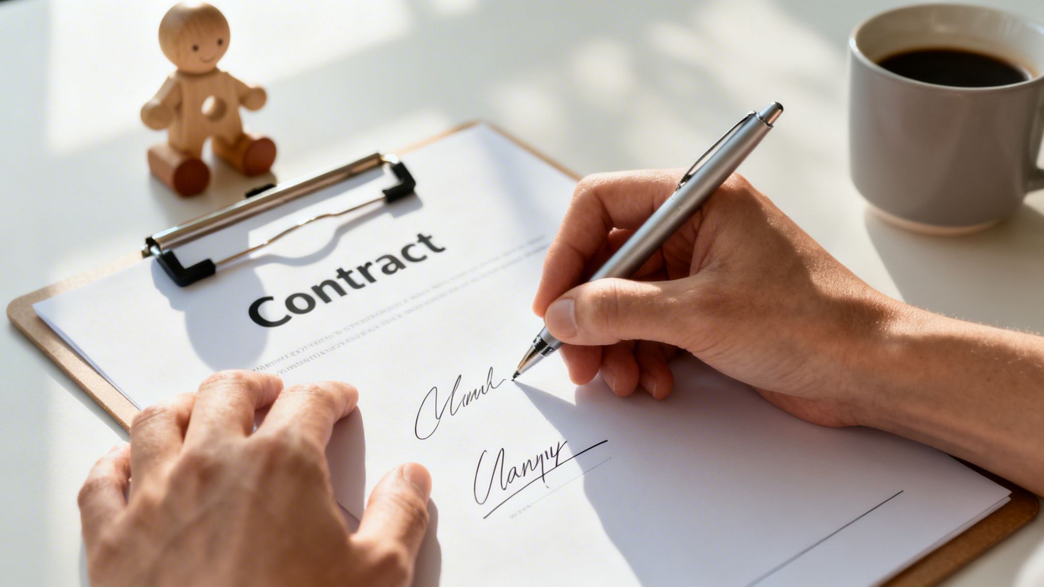 Part Time Nannying Jobs: Your Guide to a Flexible & Rewarding Career in 2026 | Superstar Nannies A hand signs a contract document titled 'Contract' with 'Nanny' visible, on a bright desk.