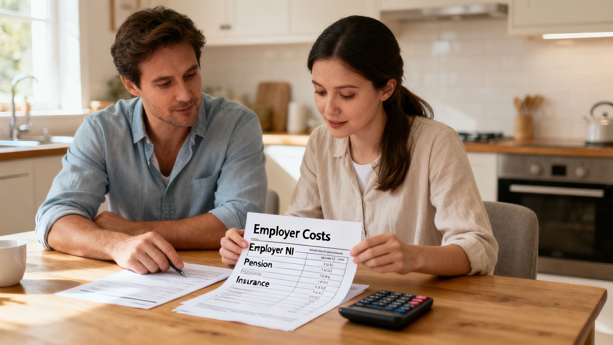 What Does Gross Mean Salary: A Parent's Guide to Nanny Pay | Superstar Nannies A couple reviews an 'Employer Costs' document and other papers in a bright kitchen, discussing finances.
