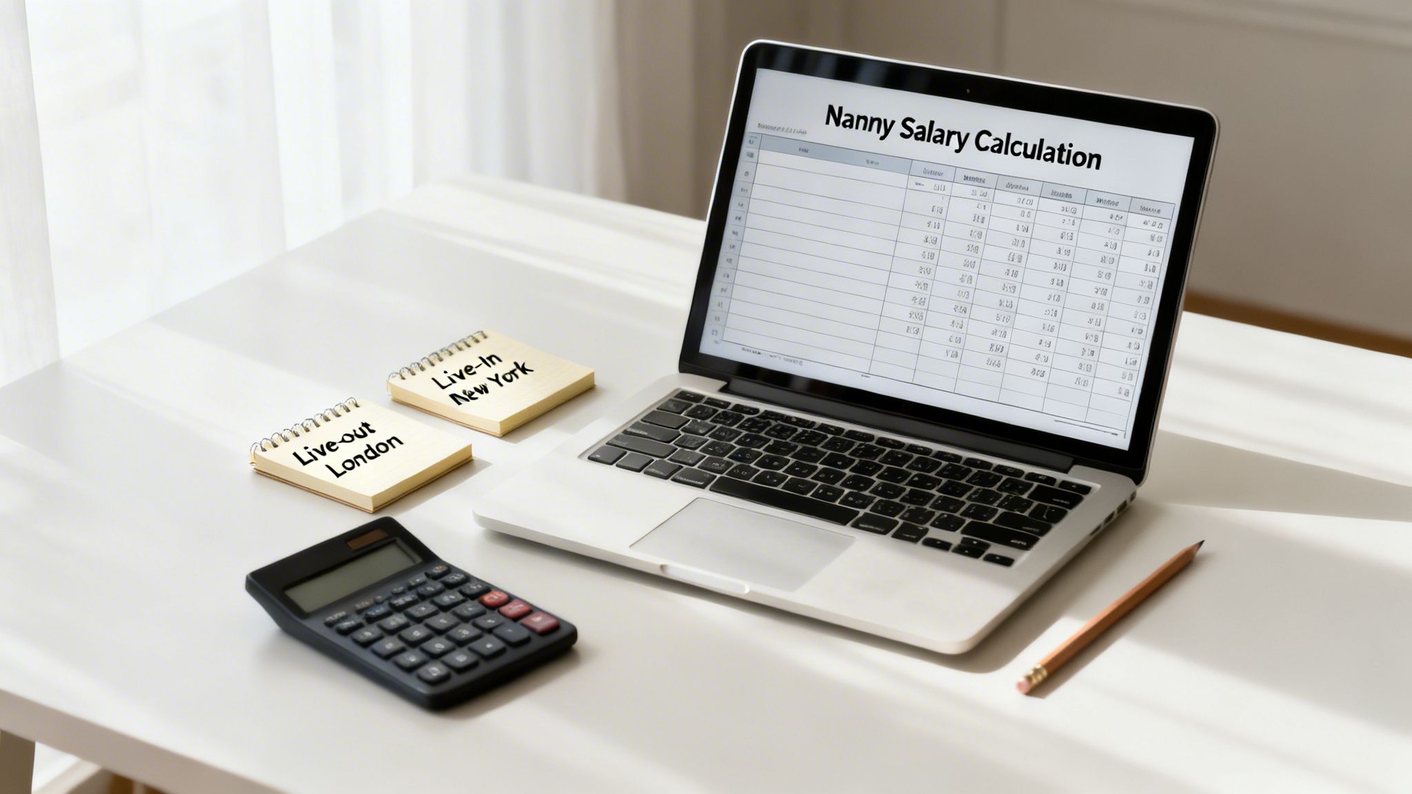 What Does Gross Mean Salary: A Parent's Guide to Nanny Pay | Superstar Nannies A laptop displays a 'Nanny Salary Calculation' spreadsheet alongside a calculator and notes for London and New York.