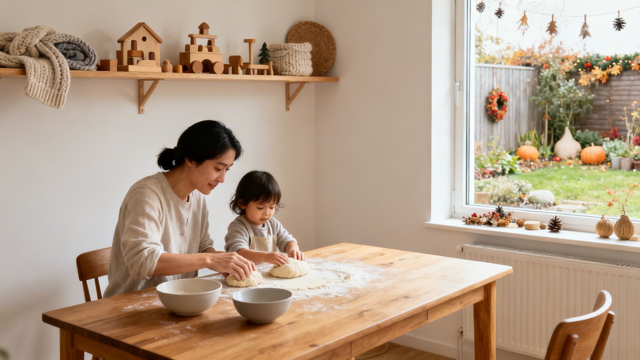 What Is Waldorf Education? A Parent’s Guide to Nurturing Head, Heart, and Hands | Superstar Nannies An adult and child knead dough together on a wooden table in a cozy home, with a festive autumn backyard visible through a window.