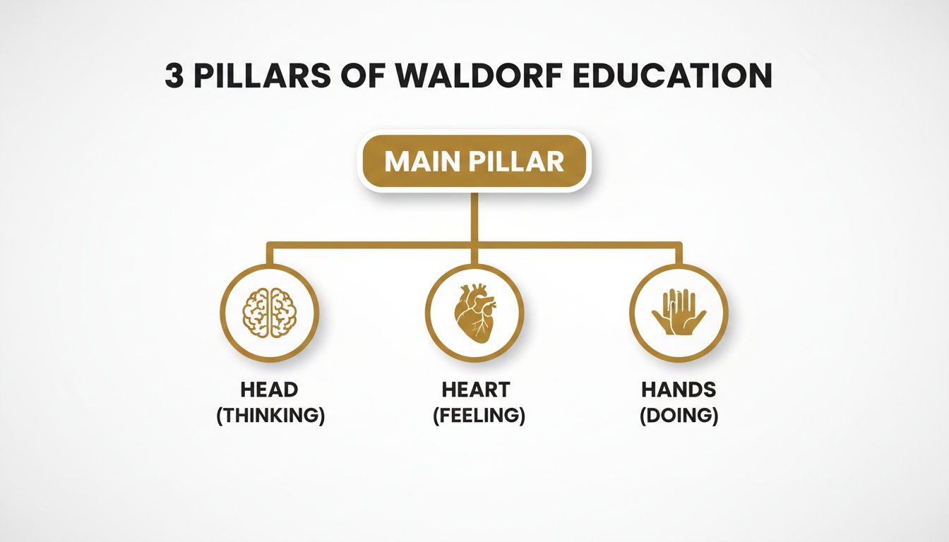 What Is Waldorf Education? A Parent’s Guide to Nurturing Head, Heart, and Hands | Superstar Nannies Diagram illustrating the three pillars of Waldorf education: Head (Thinking), Heart (Feeling), and Hands (Doing).