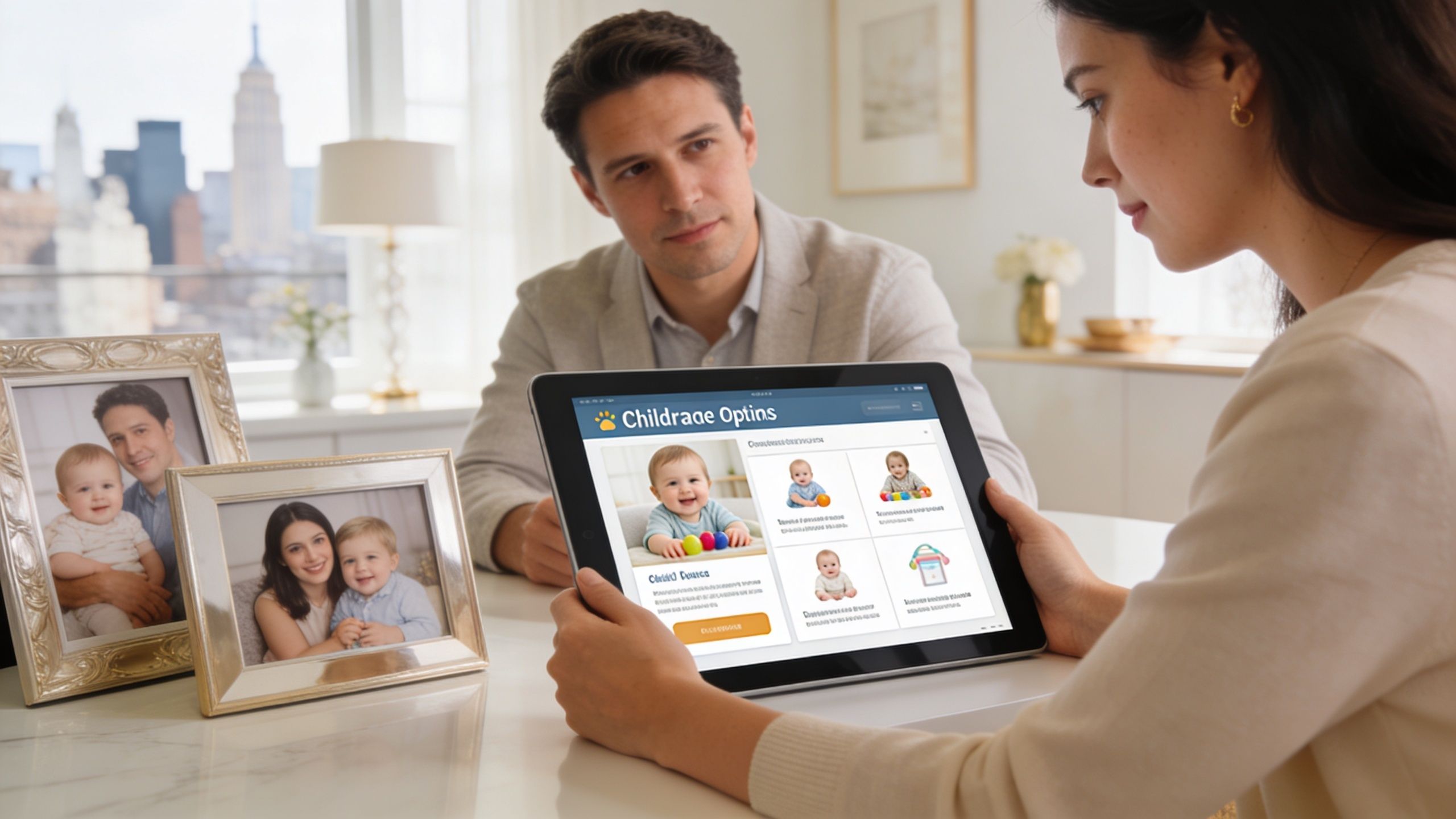 Find Your Elite Nanny Agency New York in 2026 | Superstar Nannies A couple looking at child care options on a digital tablet at their home table.