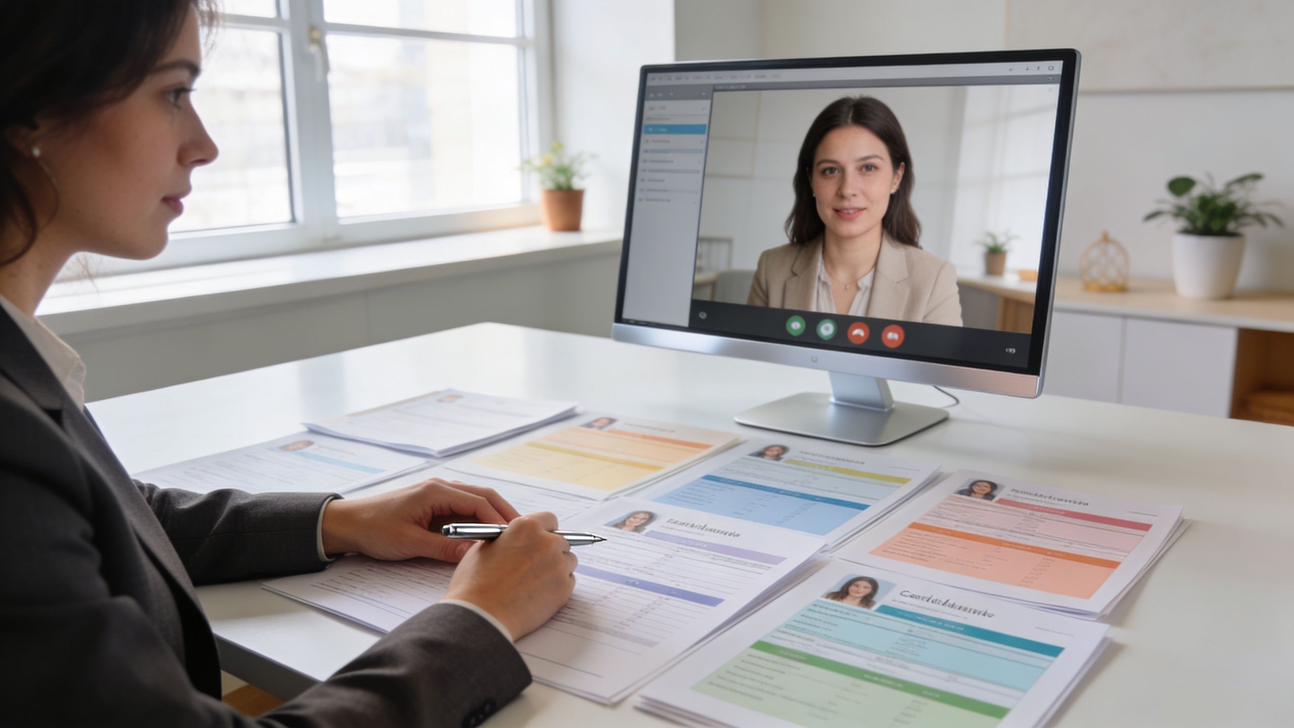 Find Your Elite Nanny Agency New York in 2026 | Superstar Nannies A professional woman interviewing a candidate via video conference while reviewing several resumes on her desk.