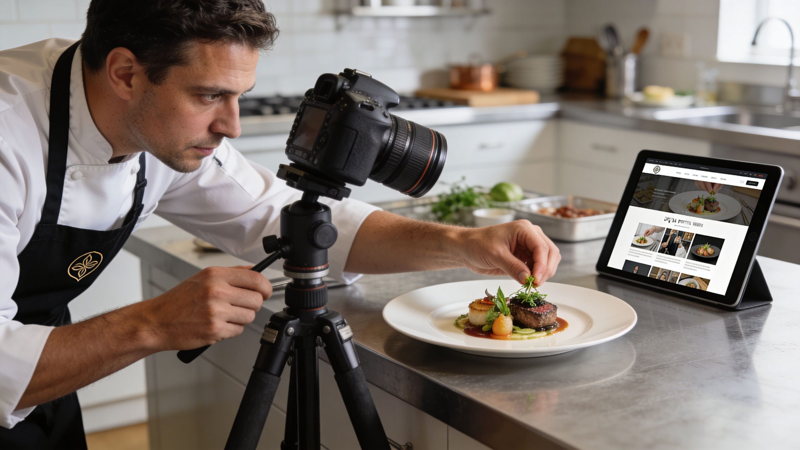 Private Chef Jobs Dubai: Elite Career Guide | Superstar Nannies A professional chef adjusting a gourmet plated dish for a food photography session in a kitchen.