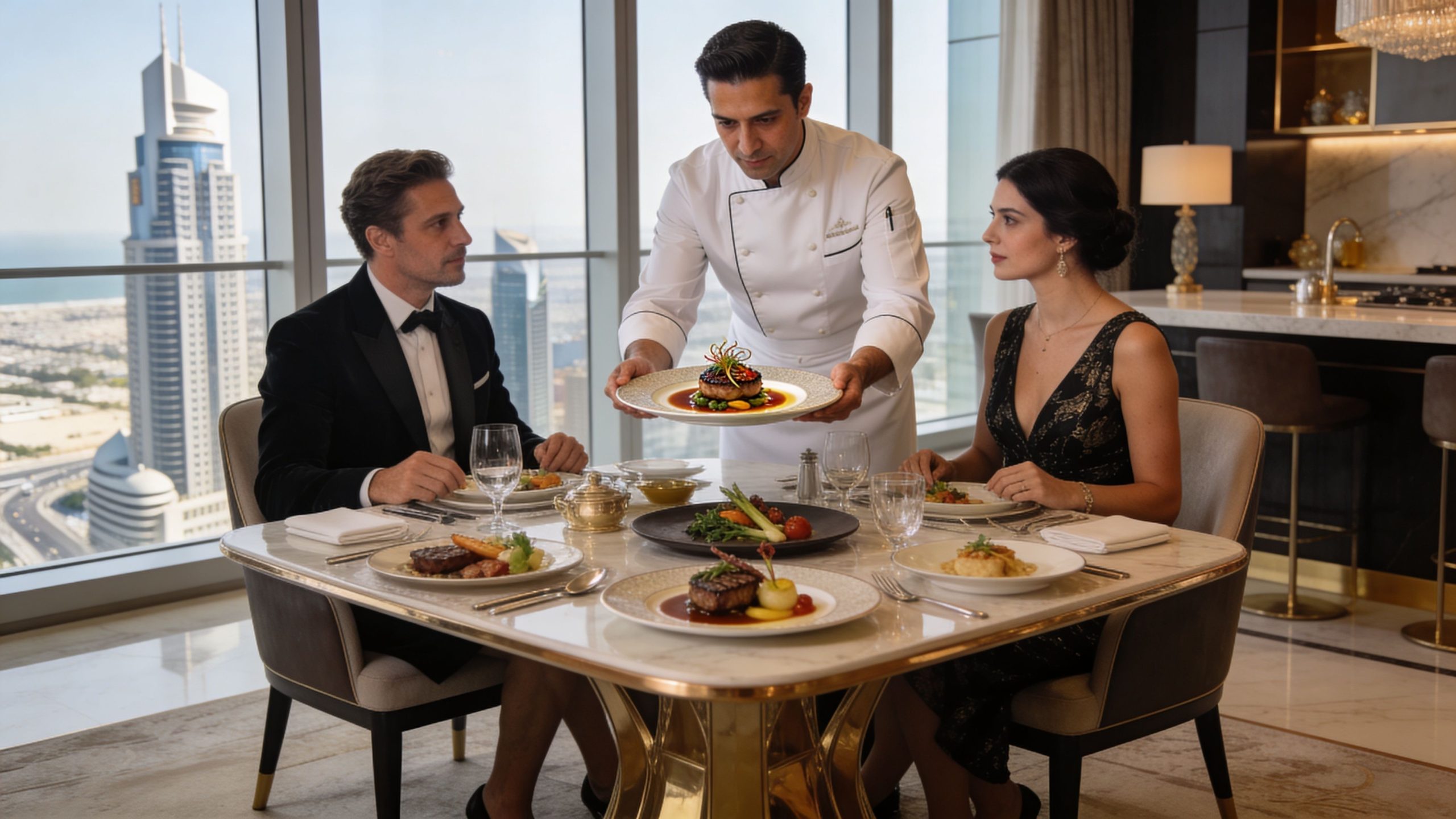 Private Chef Jobs Dubai: Elite Career Guide | Superstar Nannies A professional chef serving an elegant gourmet dish to a well-dressed couple dining in a luxury Dubai apartment.