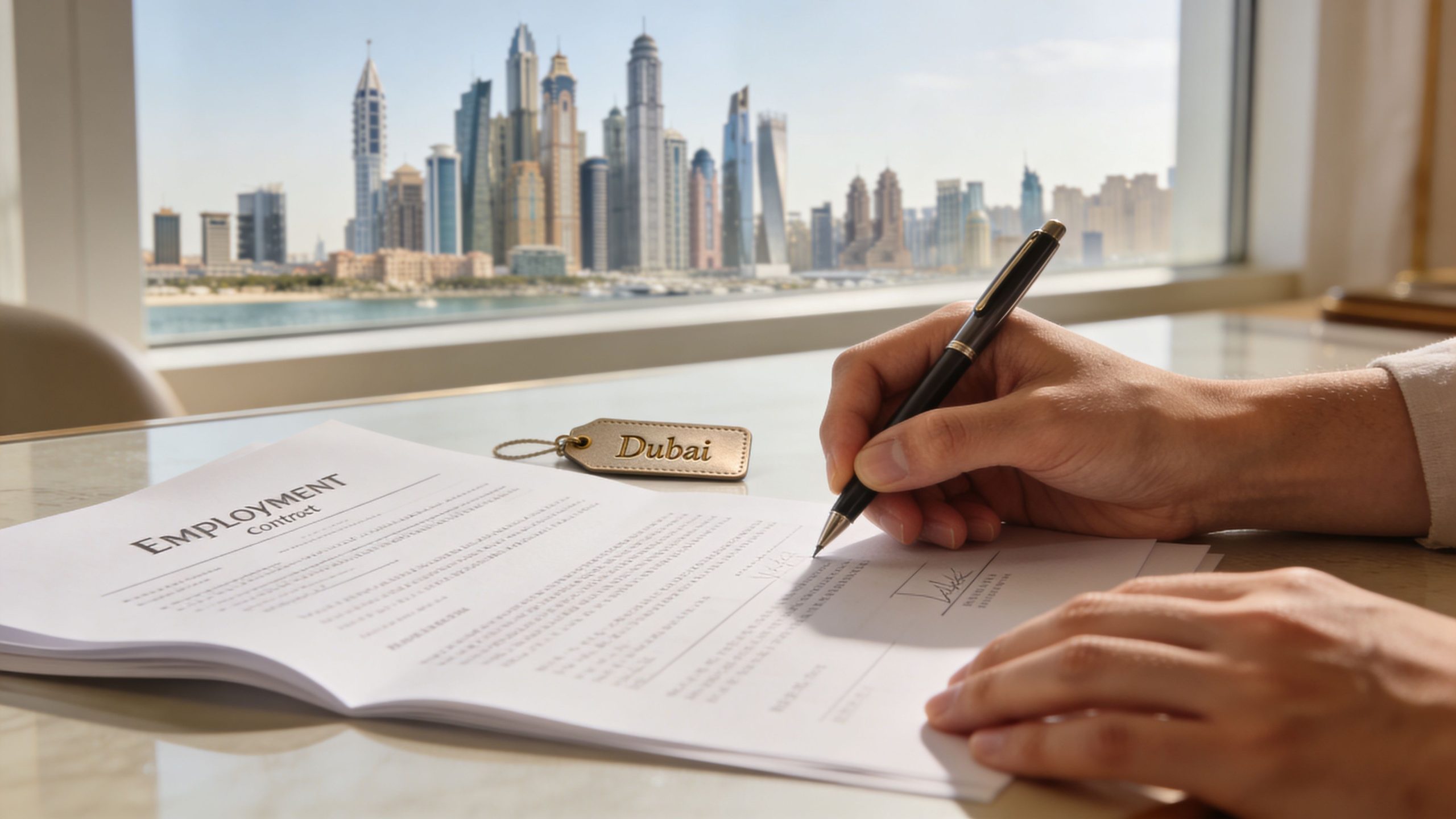 Private Chef Jobs Dubai: Elite Career Guide | Superstar Nannies A person signing an employment contract in Dubai with the city skyline visible through the window.