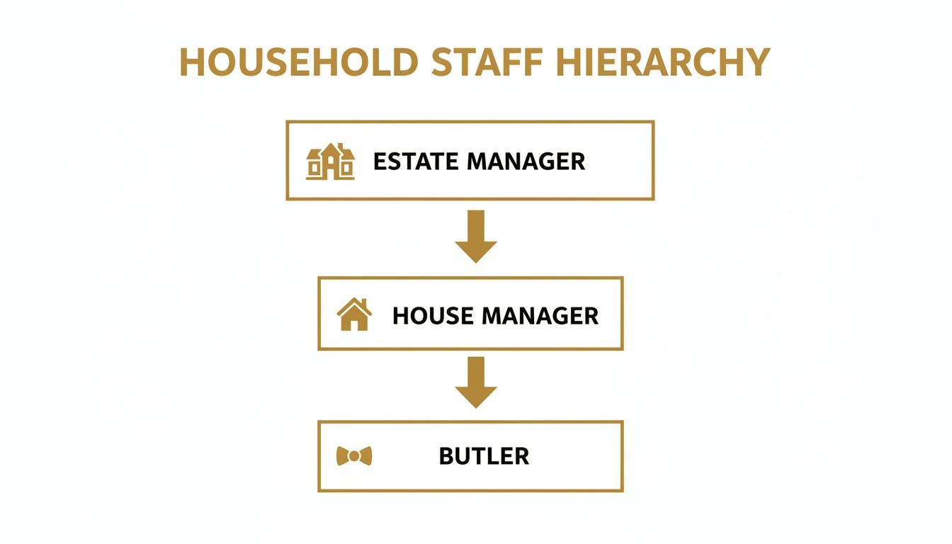 Your Complete Guide to Hiring Private Household Staff in 2026 | Superstar Nannies A hierarchical chart displaying household staff roles: Estate Manager, House Manager, and Butler.