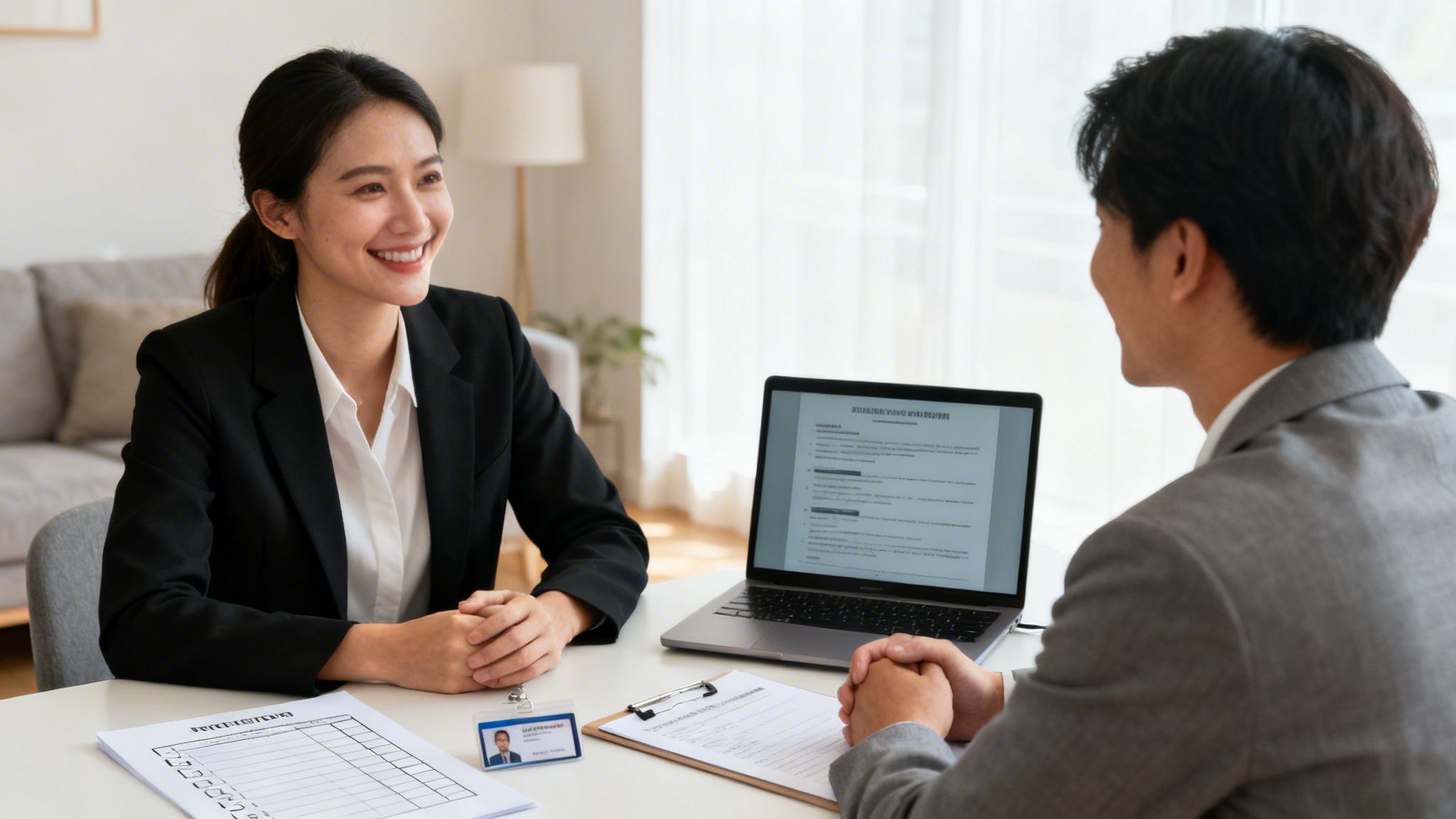 Your Complete Guide to Hiring Private Household Staff in 2026 | Superstar Nannies Smiling woman in a black suit during a professional job interview with a male recruiter.