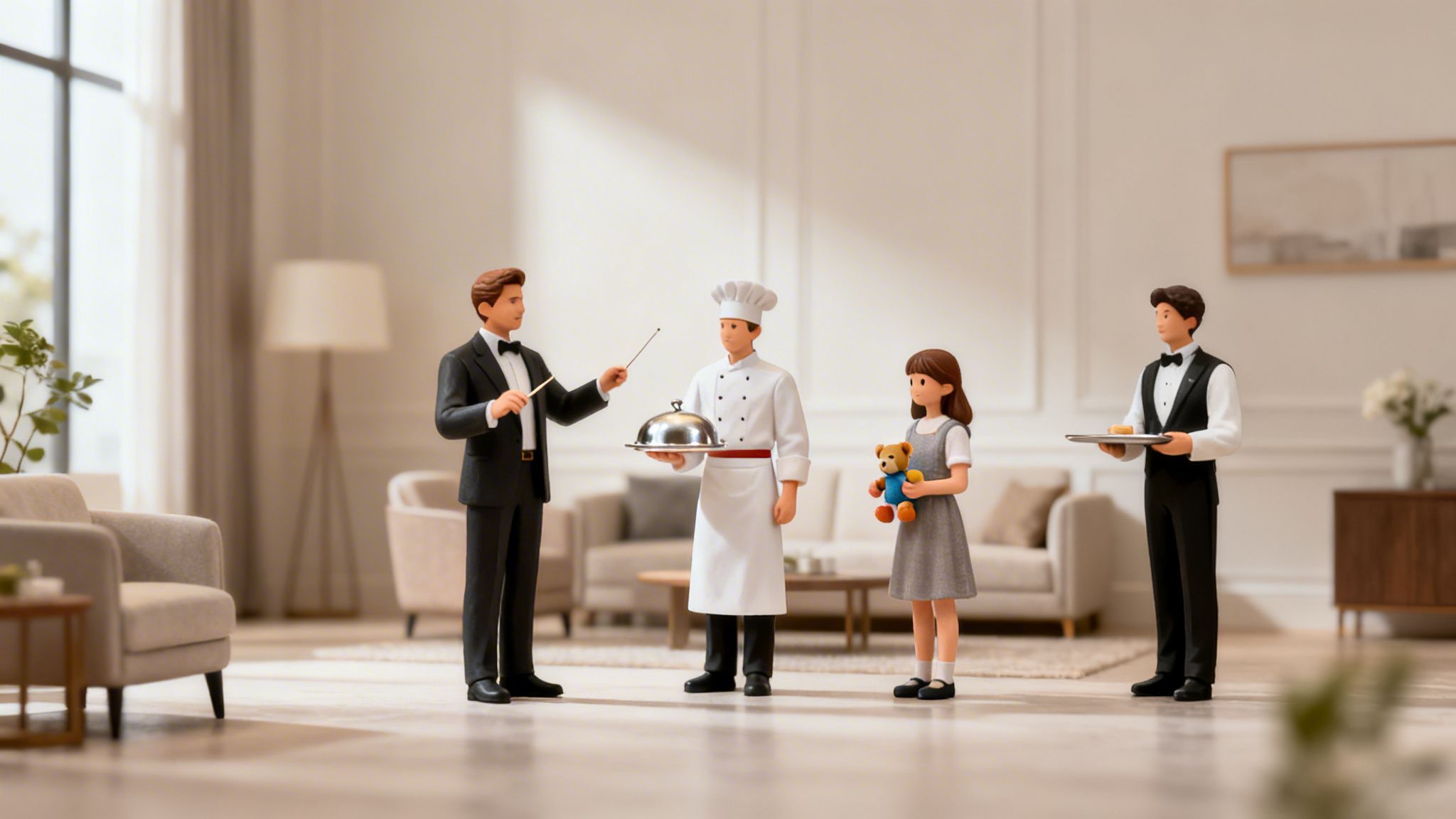 Your Complete Guide to Hiring Private Household Staff in 2026 | Superstar Nannies Miniature figures of private household staff, including a chef, waiter, and conductor, in a living room.