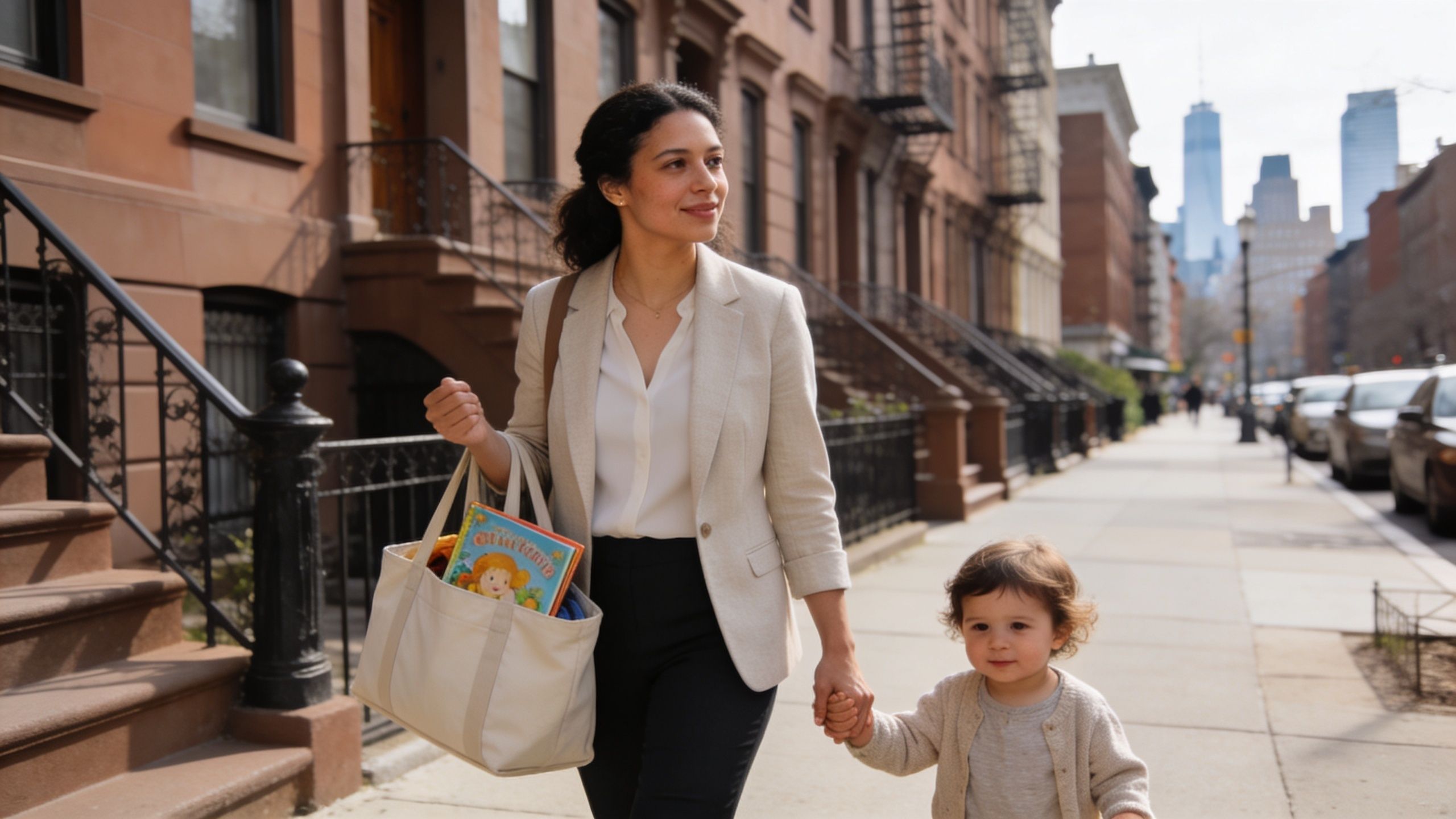 Best Nanny Near Me NYC: 8 Elite Agencies for 2026 | Superstar Nannies A professional woman walking with her toddler down a sidewalk in a New York City neighborhood.