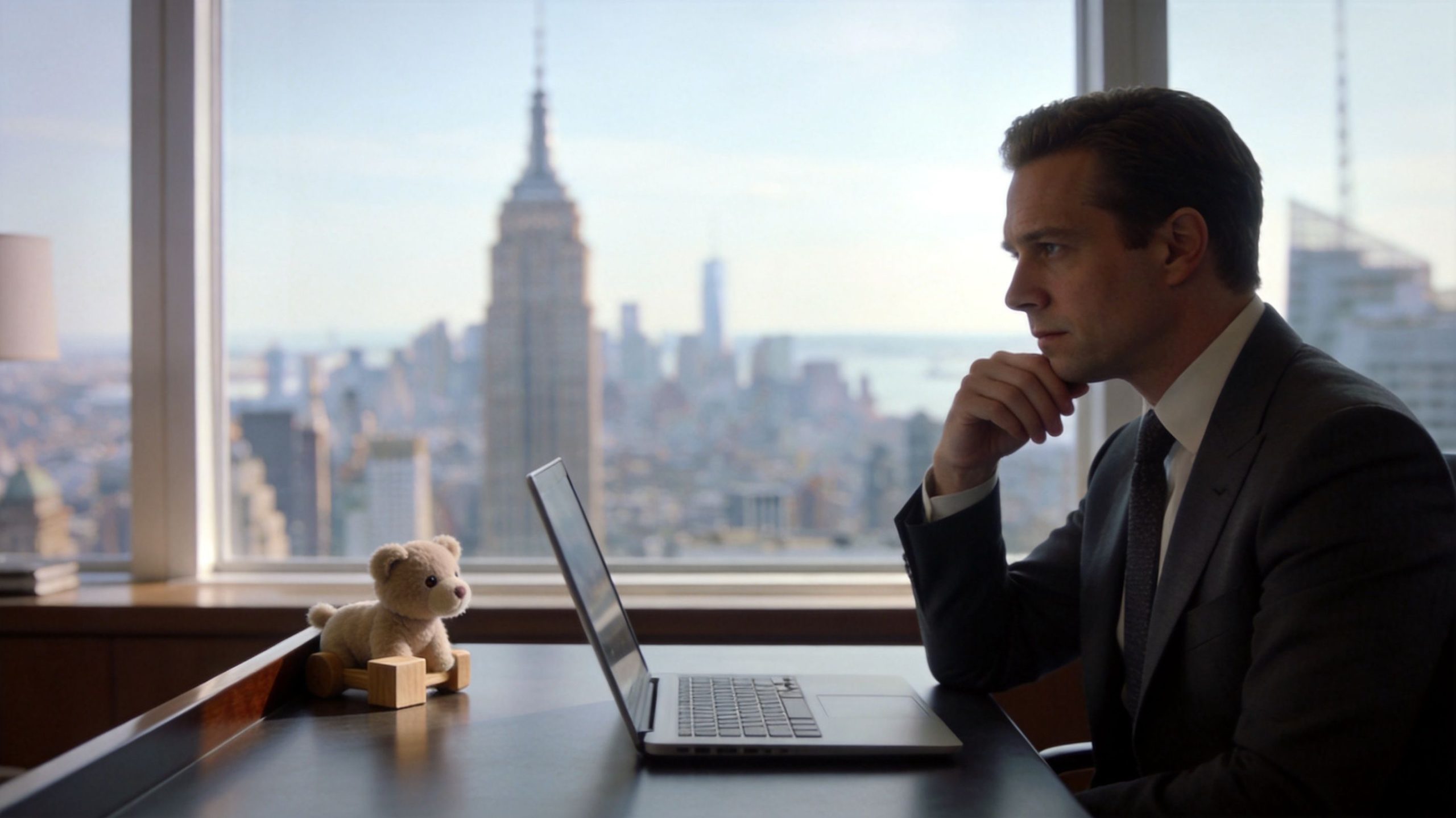 Elite Nanny Placement Agency NYC for Professional Families | Superstar Nannies A professional man sitting at his office desk with a teddy bear toy, overlooking the New York City skyline.