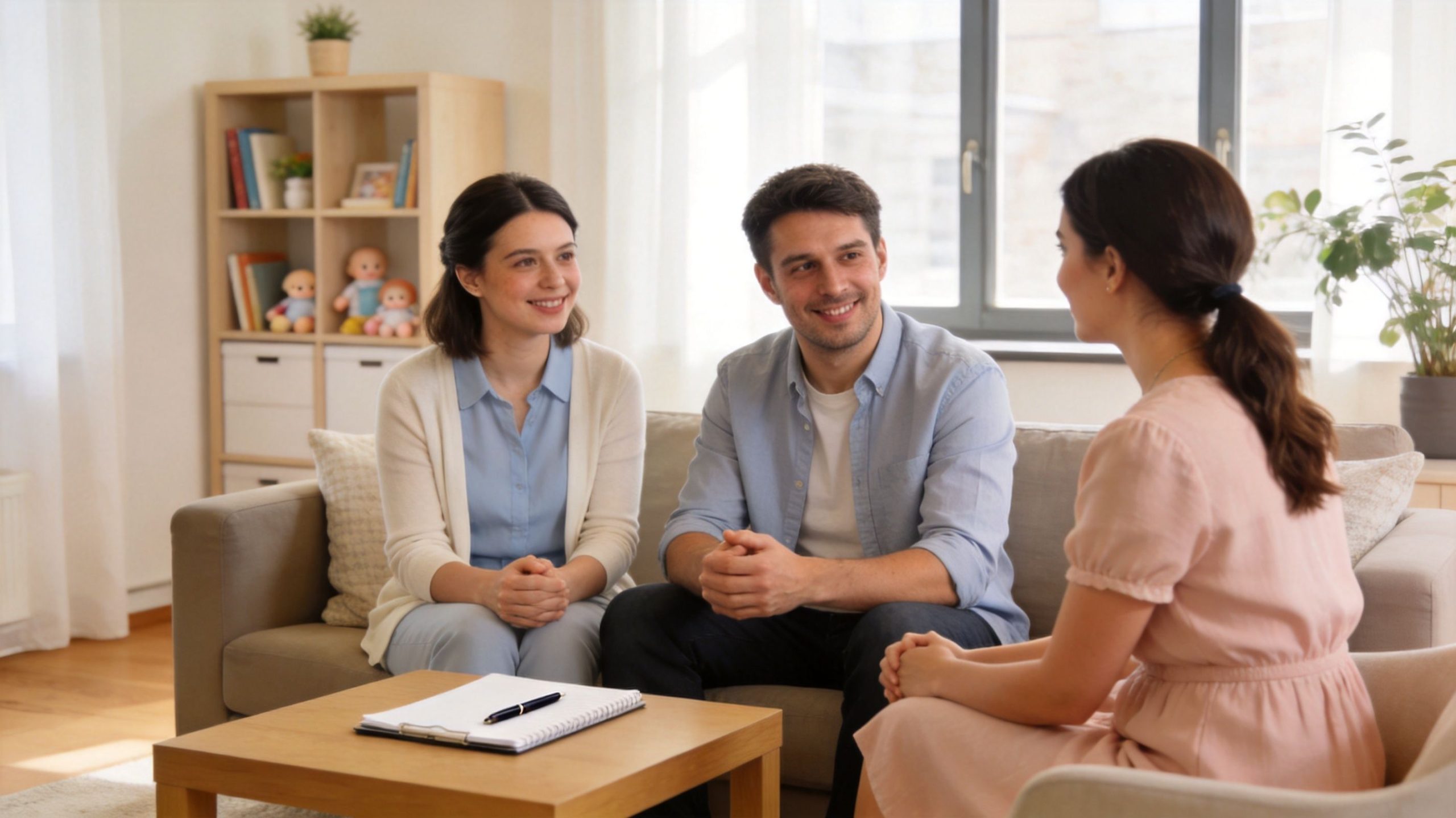 Elite Nanny Placement Agency NYC for Professional Families | Superstar Nannies A professional nanny consultant discusses childcare options with a smiling young couple in a brightly lit office.