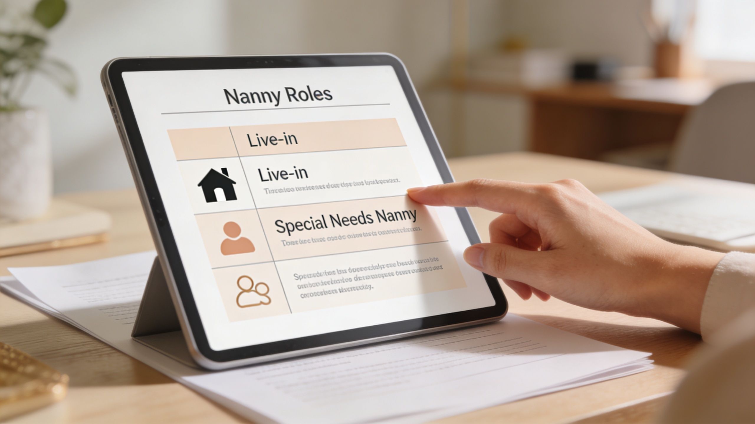 Elite Nanny Placement Agency NYC for Professional Families | Superstar Nannies A hand using a tablet to select nanny roles including live-in and special needs childcare options.