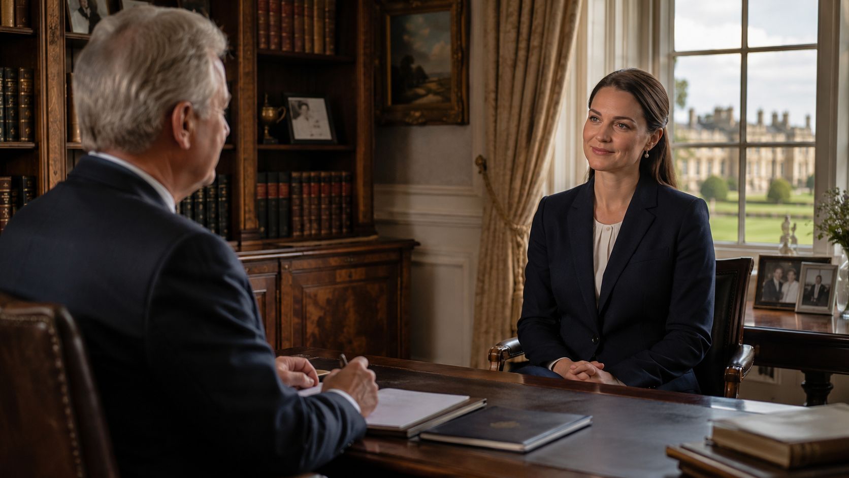 A professional woman in a suit sits for an interview with an estate manager in a library.