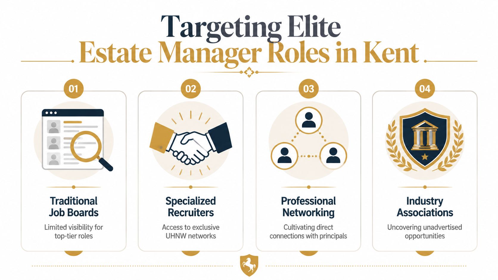 An infographic showing four strategic methods for finding elite estate manager job roles in Kent, UK.