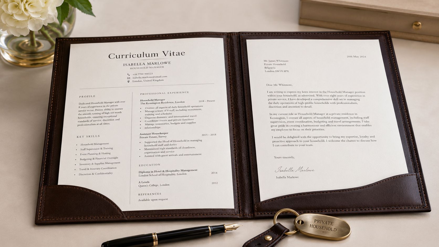 A professional Curriculum Vitae and cover letter for a household manager displayed in a leather folder.