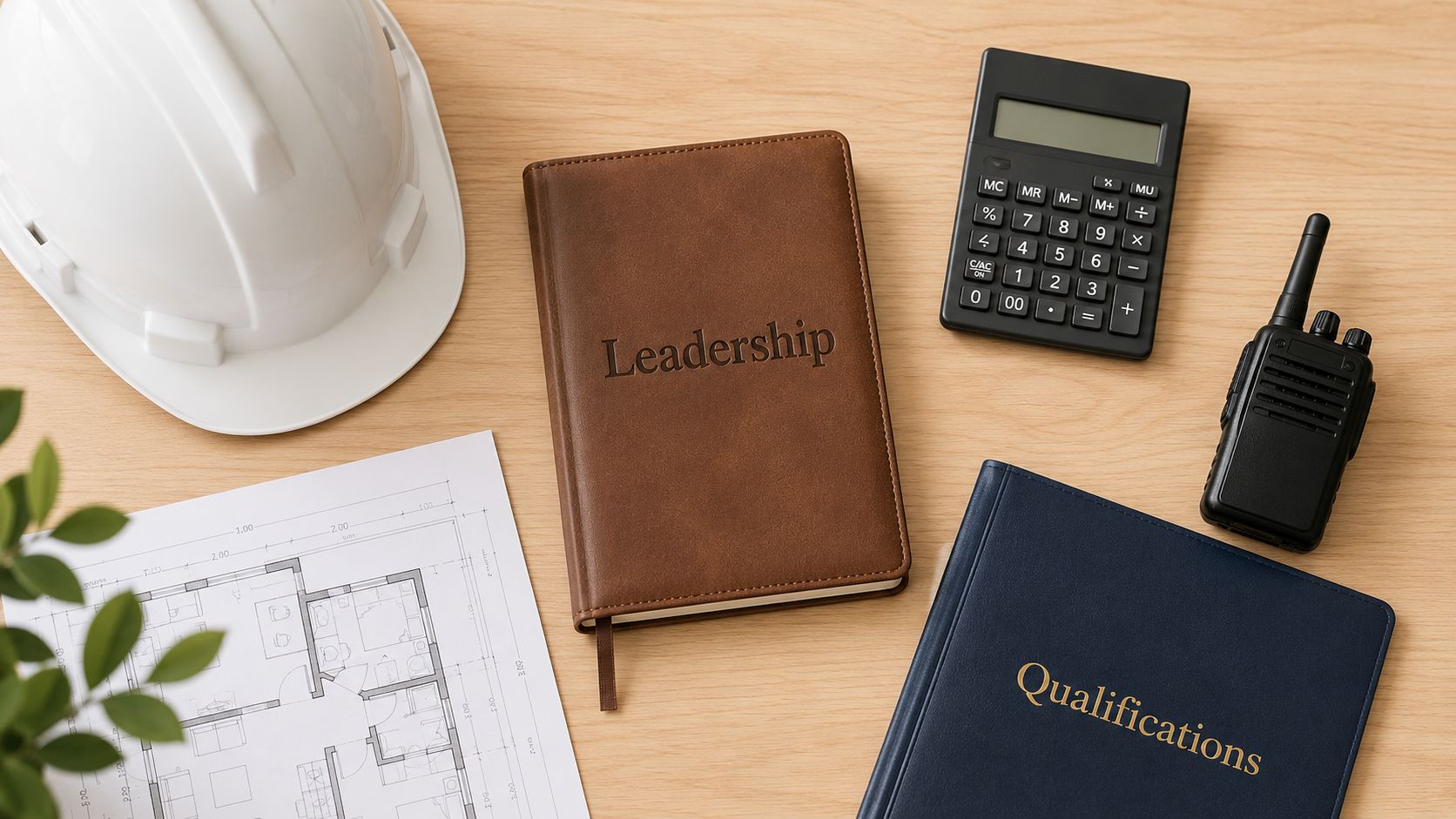A professional desk featuring construction blueprints, a leadership notebook, a calculator, and a portable radio.