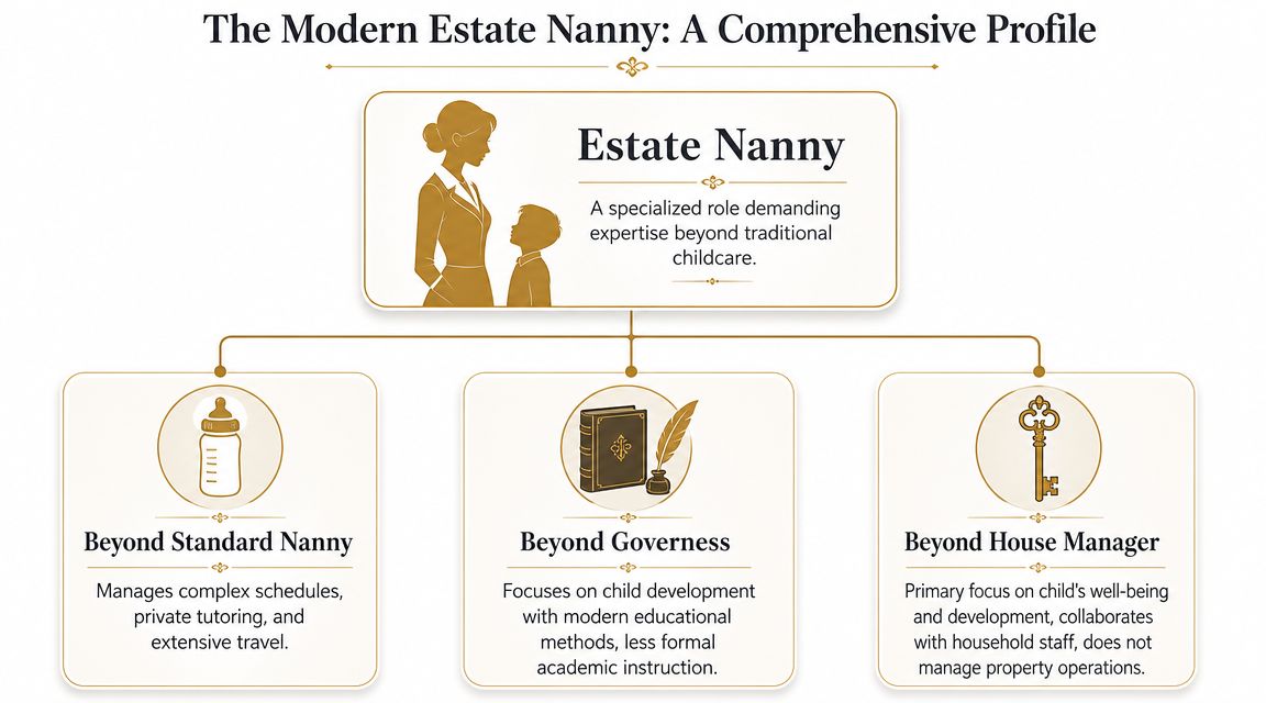 A professional infographic titled The Modern Estate Nanny explaining the specialized role beyond traditional childcare.