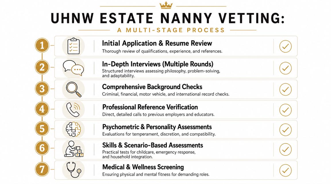 A seven-step vetting process chart for hiring professional UHNW estate nannies for high-net-worth families.