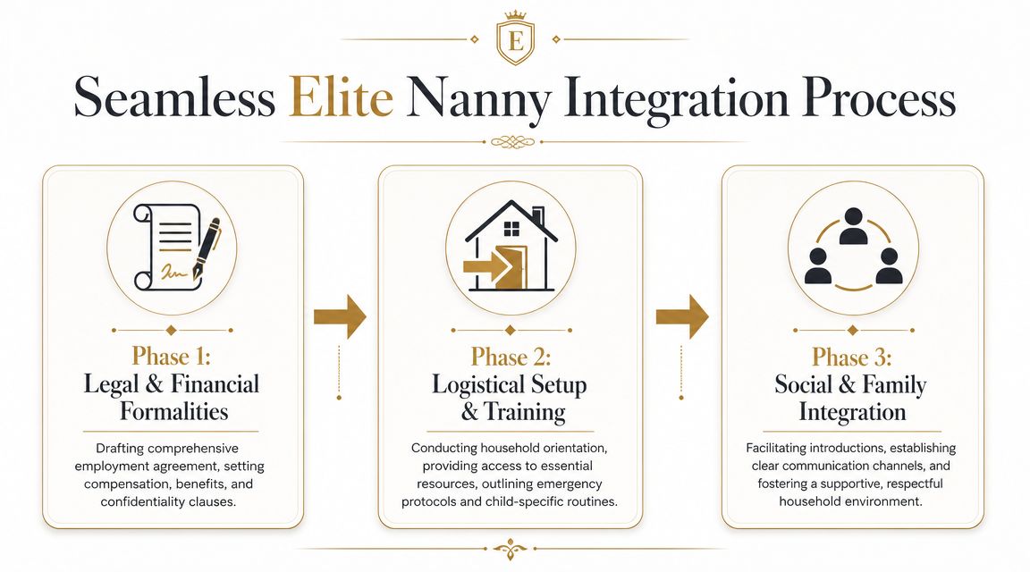 High-end Nanny Services Palm Beach: High-End Nanny Services | Superstar Nannies A three-phase process diagram outlining the legal, logistical, and social integration steps for professional nanny services.
