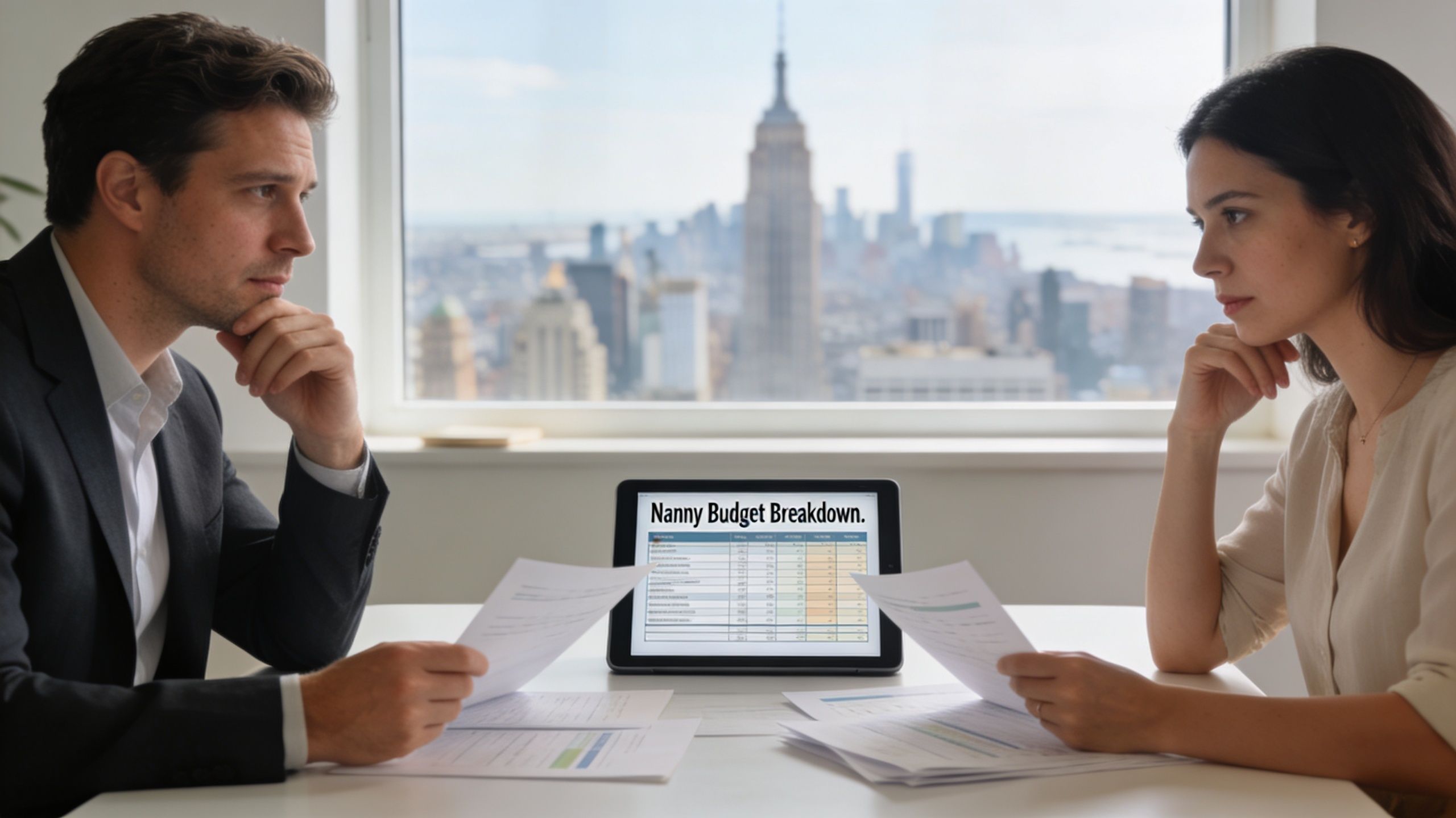 Hire Nanny Near Me New York: 2026 Guide & Costs | Superstar Nannies A professional couple reviews a nanny budget breakdown on a tablet in an office overlooking New York City.