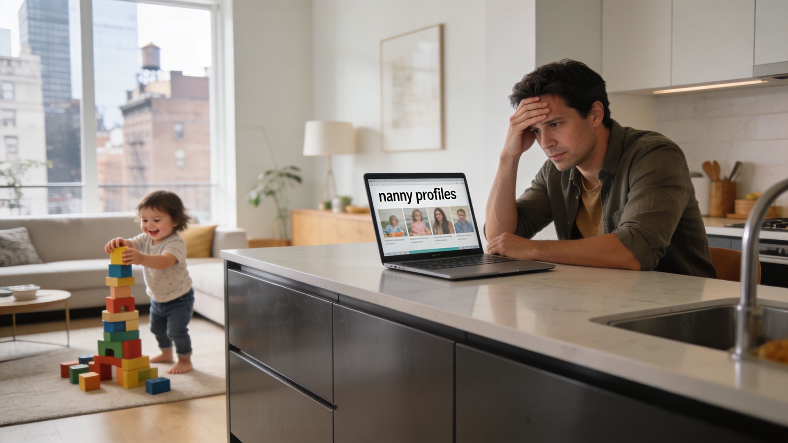 Hire Nanny Near Me New York: 2026 Guide & Costs | Superstar Nannies A stressed father searches for childcare online while his toddler plays with colorful blocks in the kitchen.