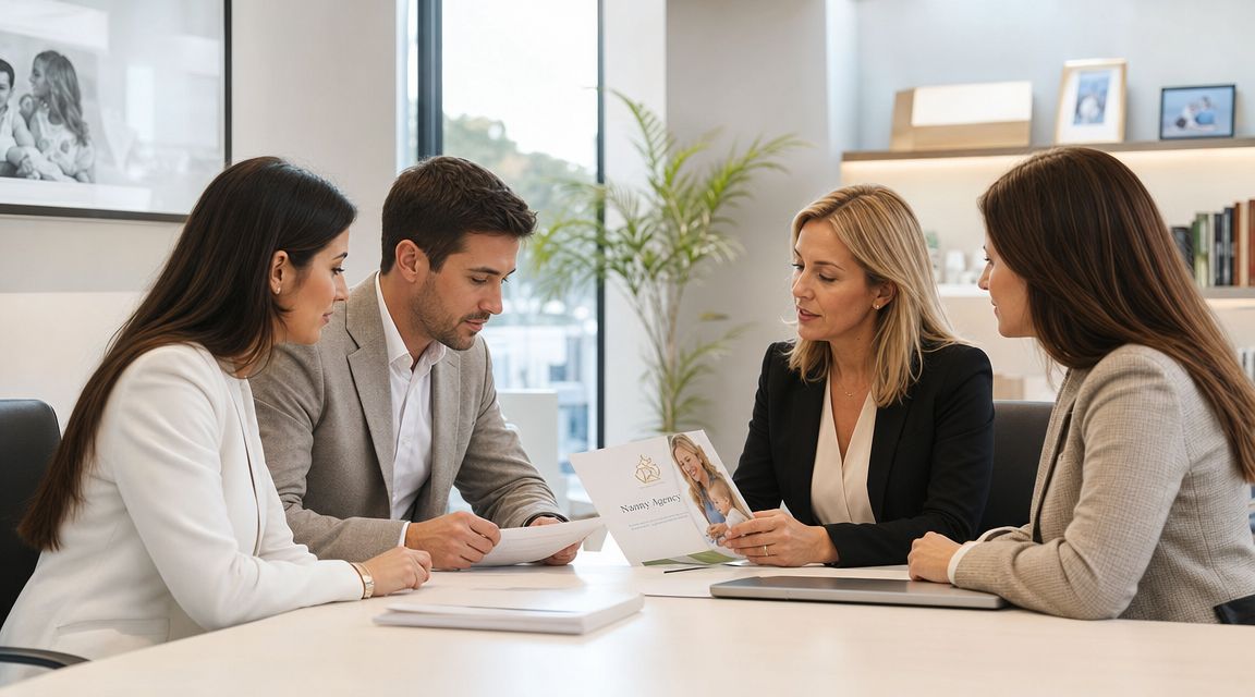 Nanny Agency Near Me: Your Ultimate 2026 Hiring Guide | Superstar Nannies A professional team discussing nanny agency services during a meeting in a modern, well-lit office setting.