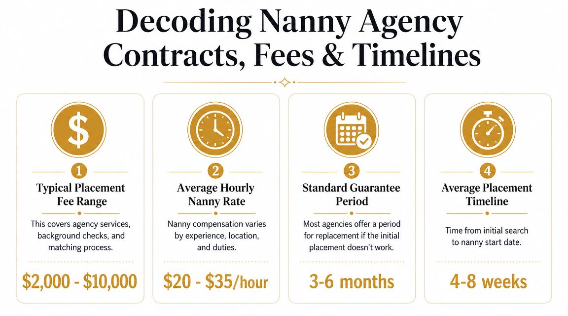 Nanny Agency Near Me: Your Ultimate 2026 Hiring Guide | Superstar Nannies An infographic titled Decoding Nanny Agency Contracts, Fees and Timelines showing costs and hiring expectations.