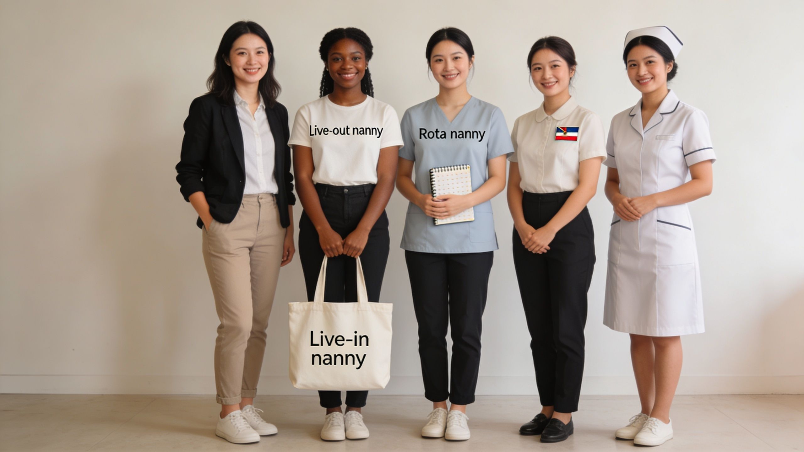 Nanny Agency Near Me: A 2026 Guide to Finding the Best | Superstar Nannies A diverse group of professional nannies and caregivers standing in a row against a plain background.