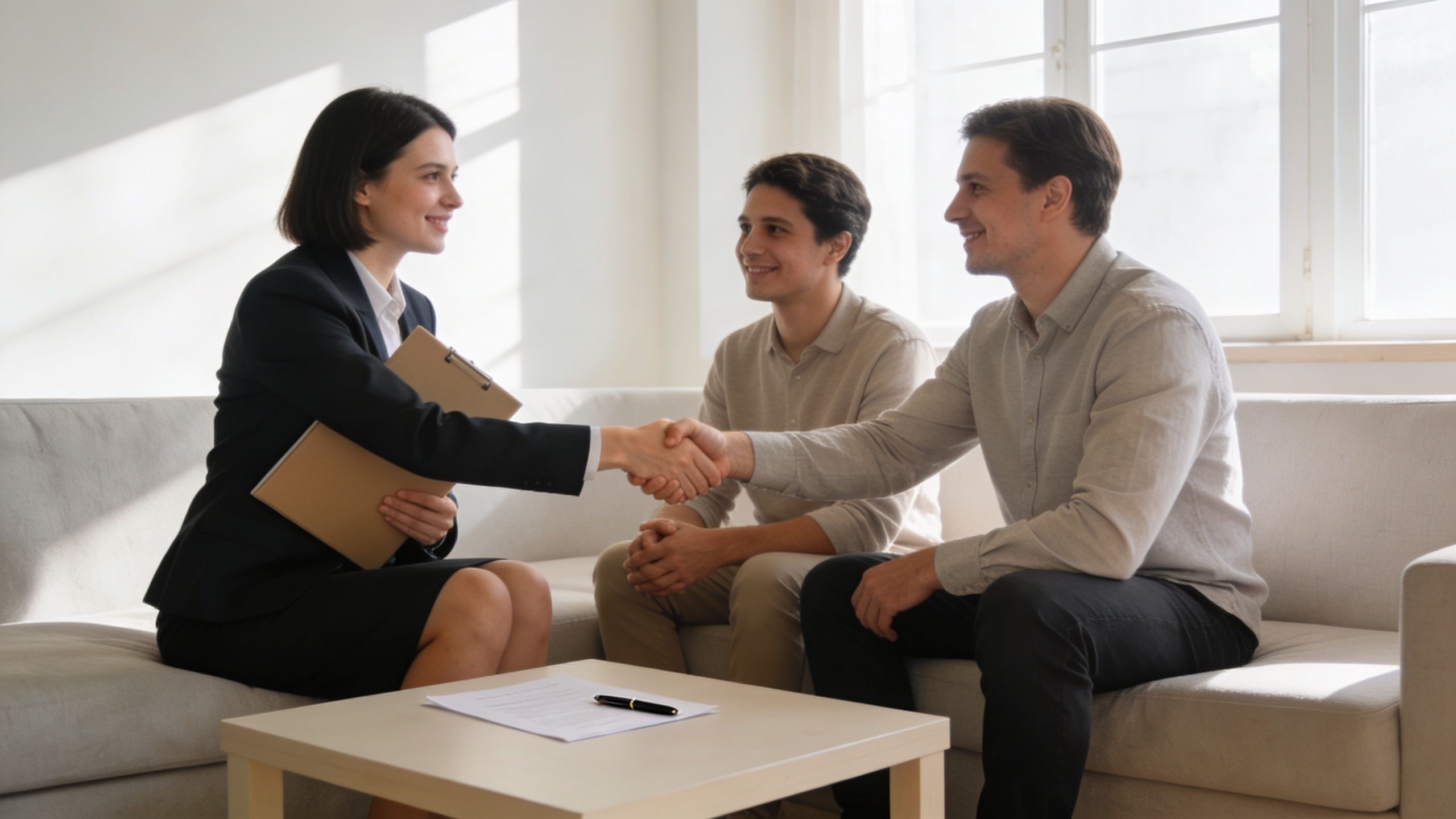 Nanny Agency Near Me: A 2026 Guide to Finding the Best | Superstar Nannies A professional woman in a suit shaking hands with a man while sitting on a couch.