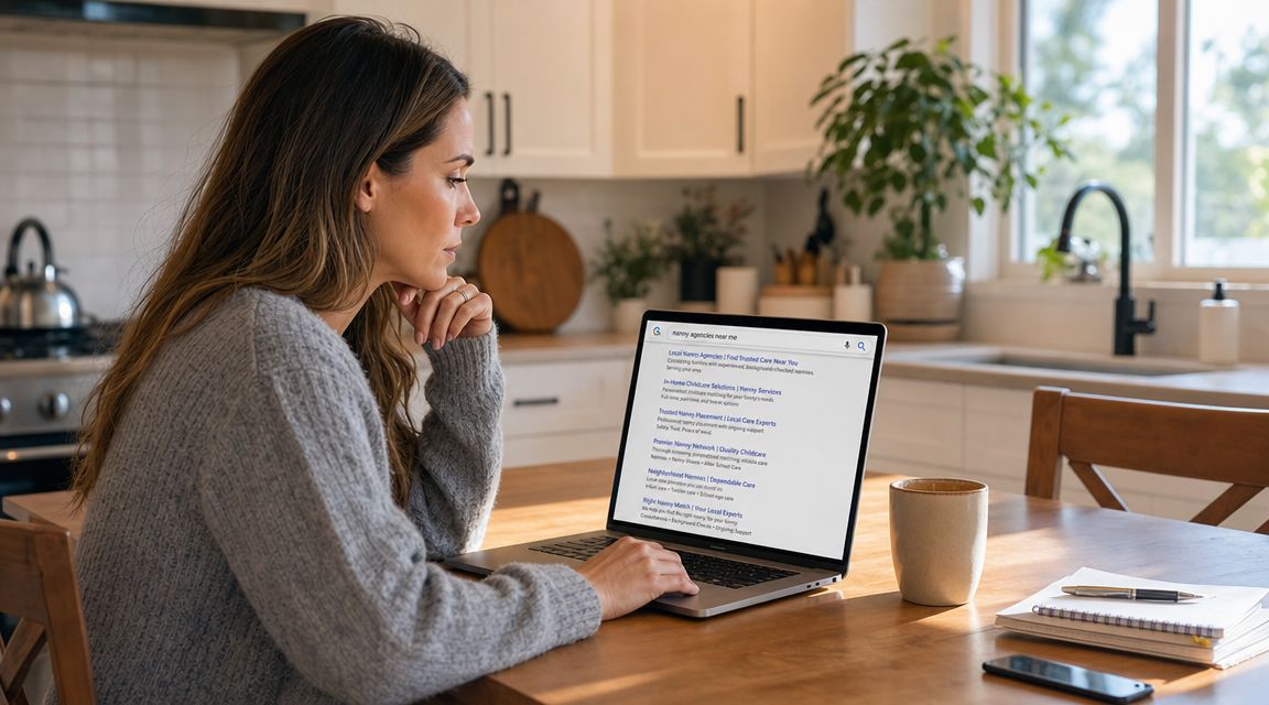 Nanny Agency Near Me: Your Ultimate 2026 Hiring Guide | Superstar Nannies A woman sits at a kitchen table using a laptop to search for local nanny agencies.